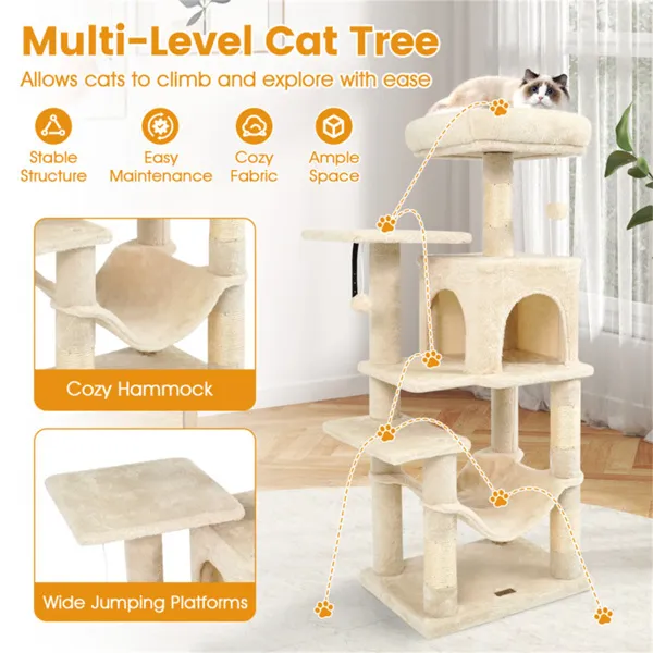 44" Multi-Level Cat Tree With Spacious Top Perch, 2-Door Condo & Hammock For Indoor Cats -Beige — image 5