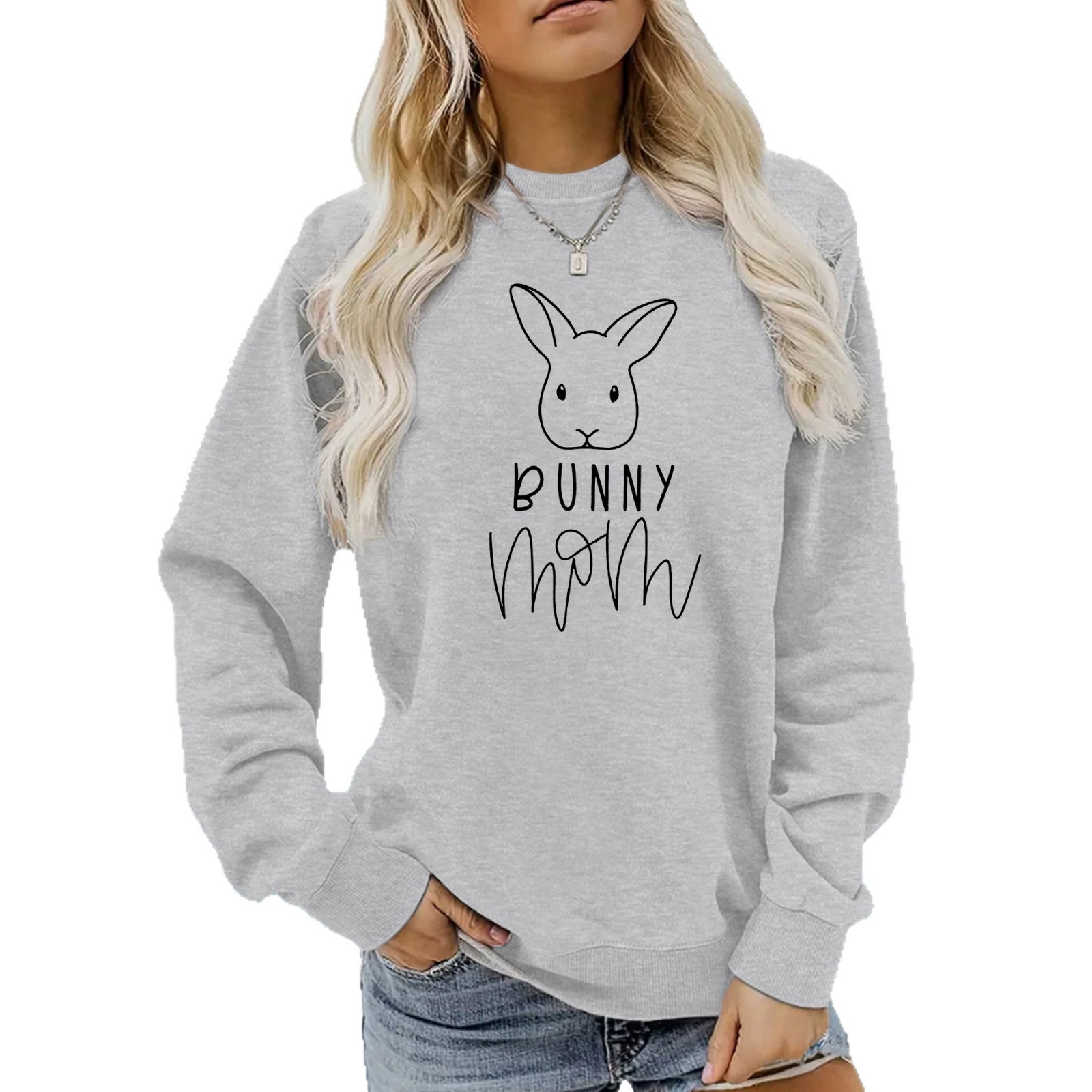 Rabbit and letter printed round neck fleece hoodie — image 1