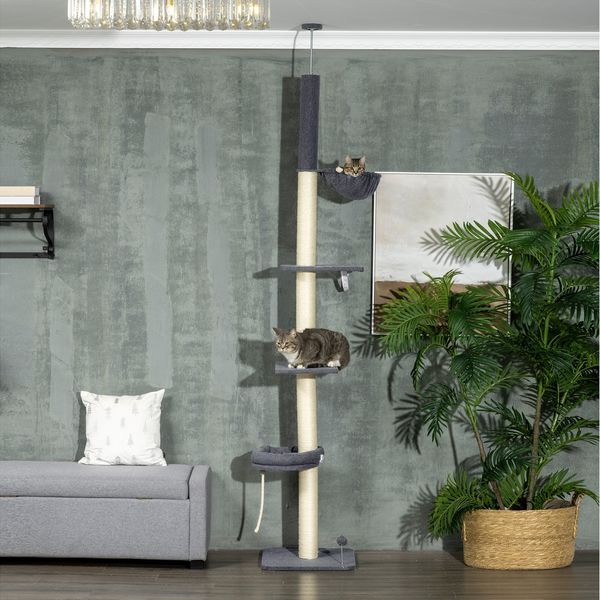 Floor To Ceiling Cat Tree, 5-Tier Cat Climbing Tower, 95-106 Height Adjustable with Carpeted Platforms, Cozy Bed, Hammock, Scratching Post & Toy Ball for Indoor Cats, Dark Gray and Cream — image 1
