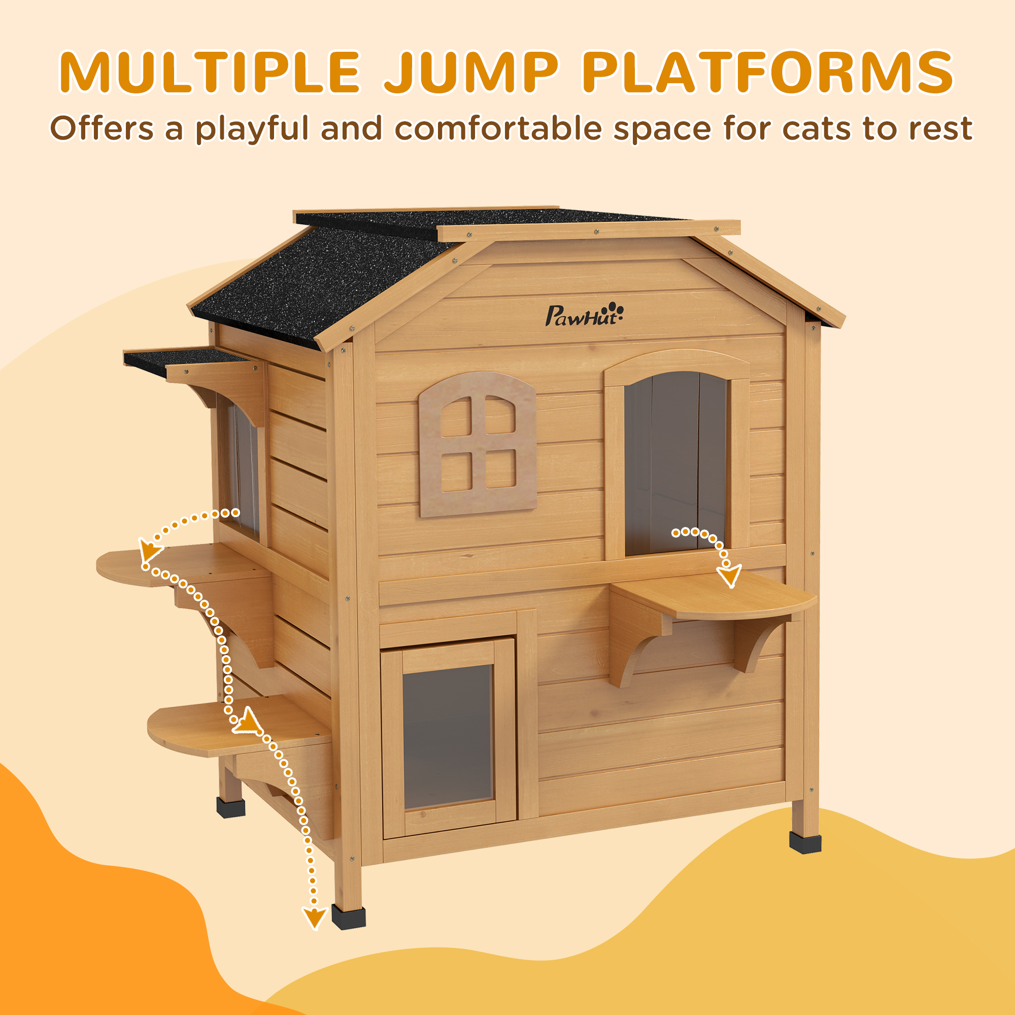 Casa de Madera para Gatos de Exterior de 2 Pisos, Refugio para Gatos Callejeros con Puerta de Escape, Techo Asfáltico, 4 Plataformas, Natural — imagen 7