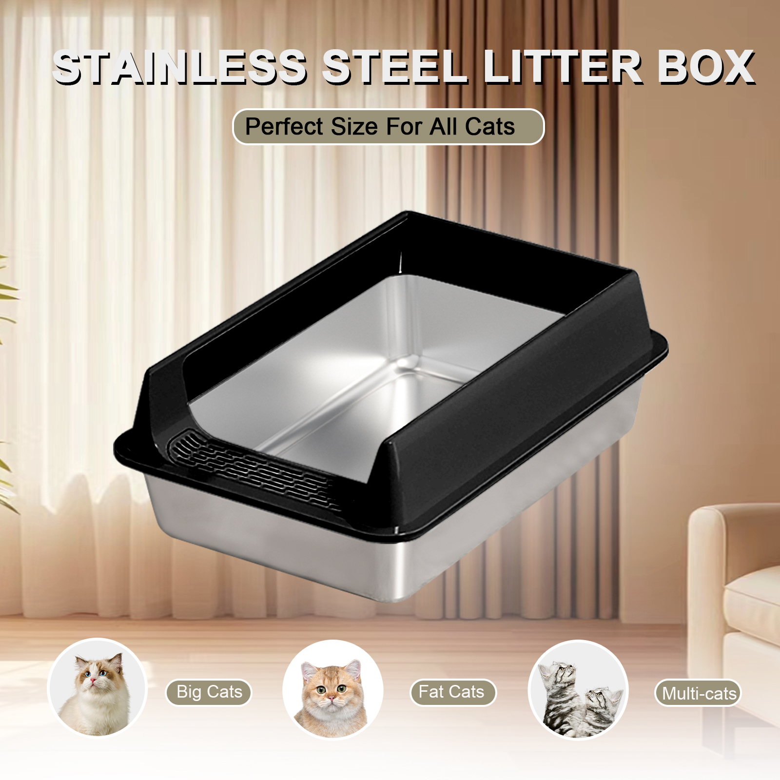 Caja de Arena de Acero Inoxidable Grande, Diseño Semi-cerrado Resbaloso y Hermético, Tapete Removible, Ideal para Gatos Grandes y Más — imagen 1