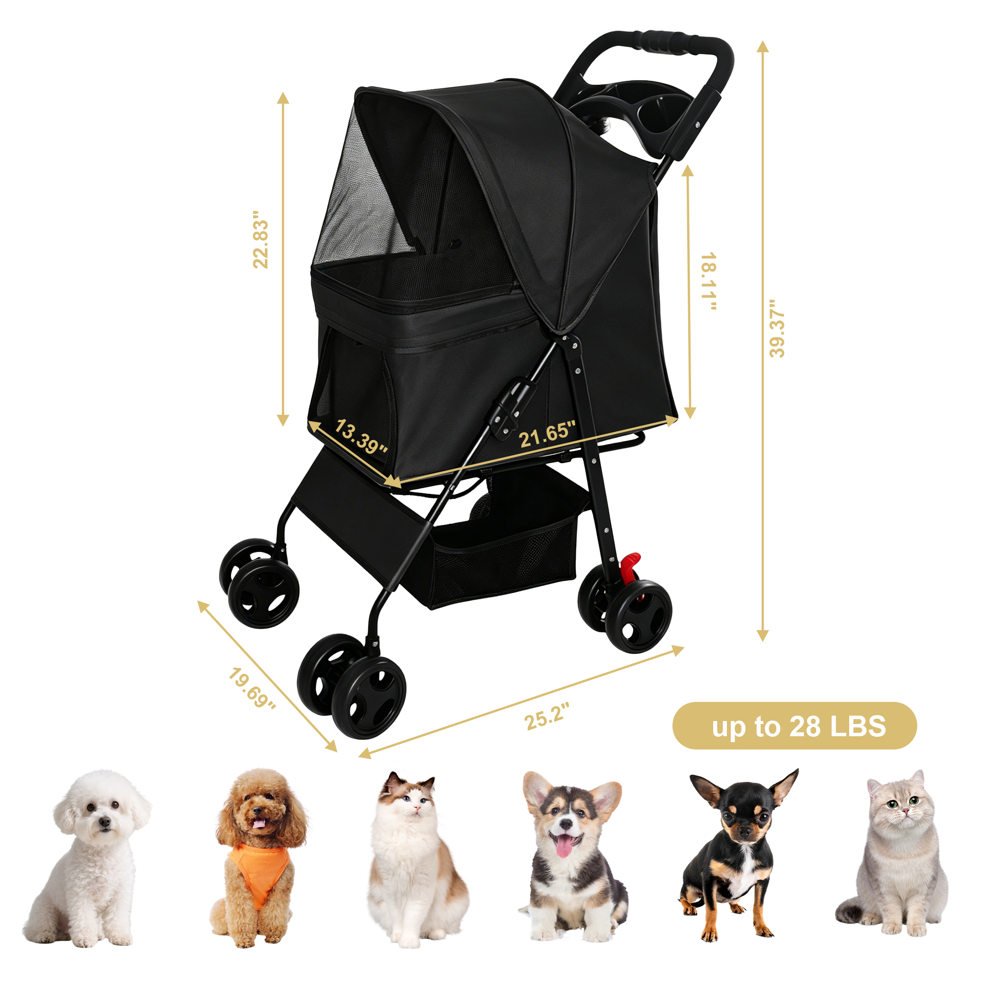 Carril de Mascotas Plegable para Perros y Gatos Pequeños Menos de 28 libras con Mesa Multifuncional, 2 Correas de Seguridad, Cesta de Almacenamiento & Malla Respirable, 4 Ruedas, Negro — imagen 6