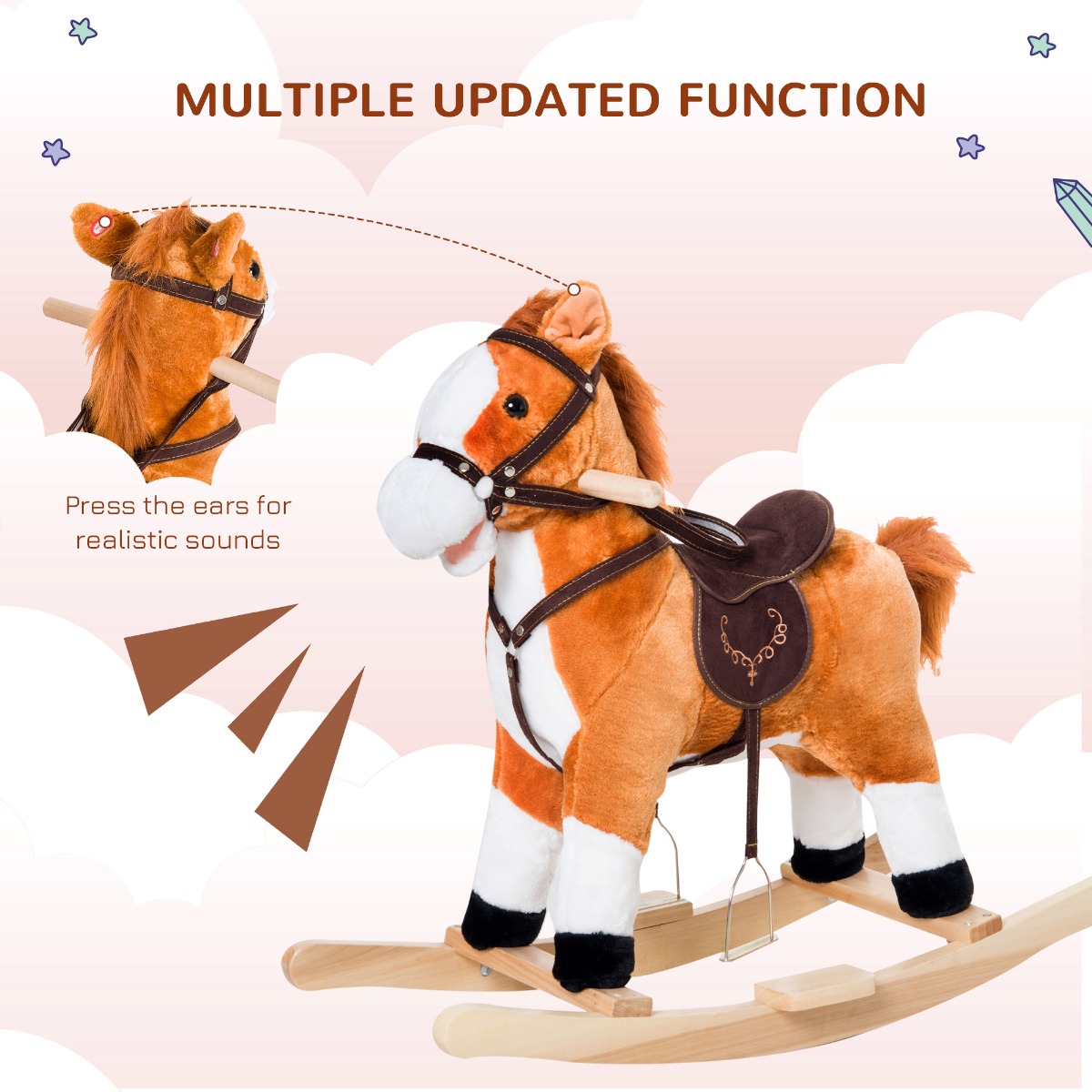 Caballo de Peluche para Niños, Silla de Montar de Madera, Caballo de Peluche con Sonidos Realistas y Cola Móvil para Bebés, Marrón — imagen 2