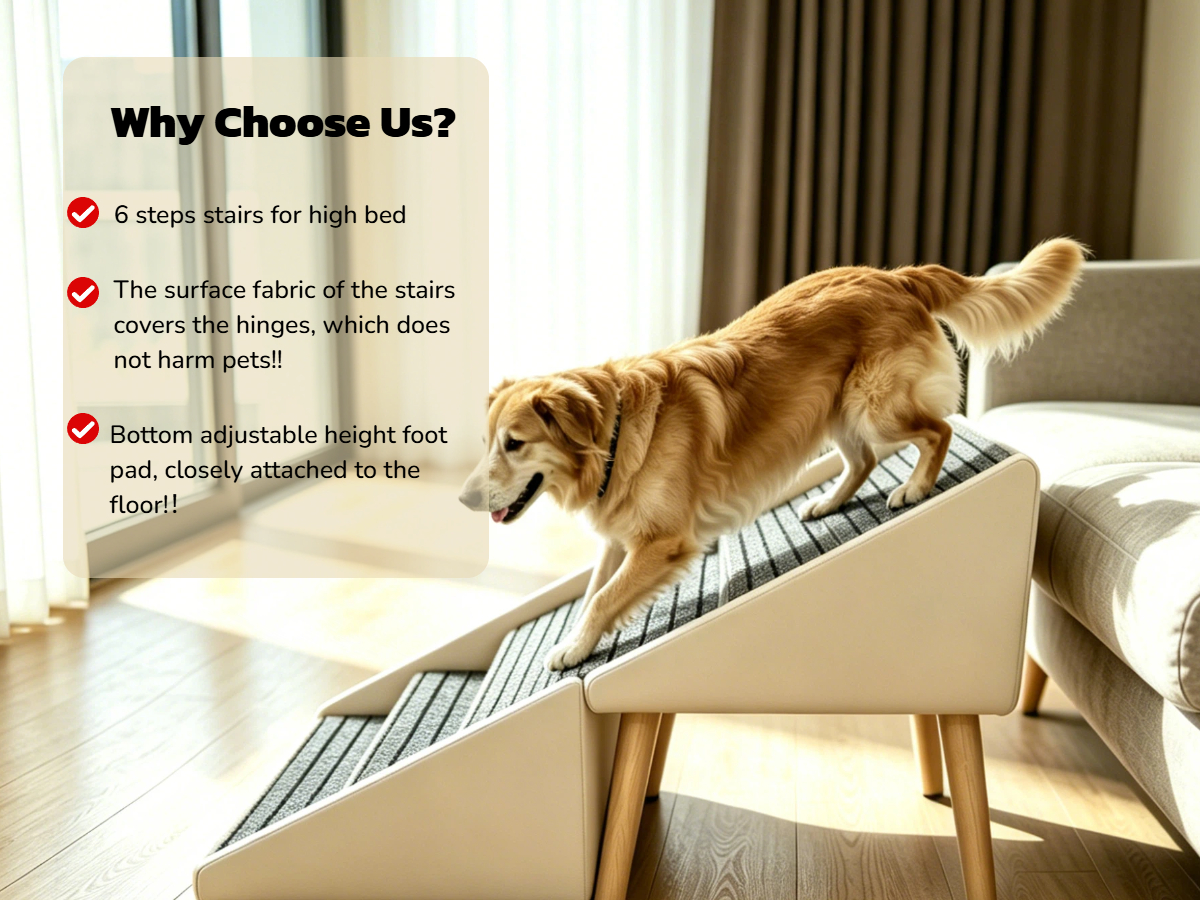 Escalera para Perros 2 en 1 para Cama y Sofá, 25.2" Rampa Plegable para Perros con 6 Escalones y Otomana para Perros Pequeños y Grandes, Beige — imagen 16
