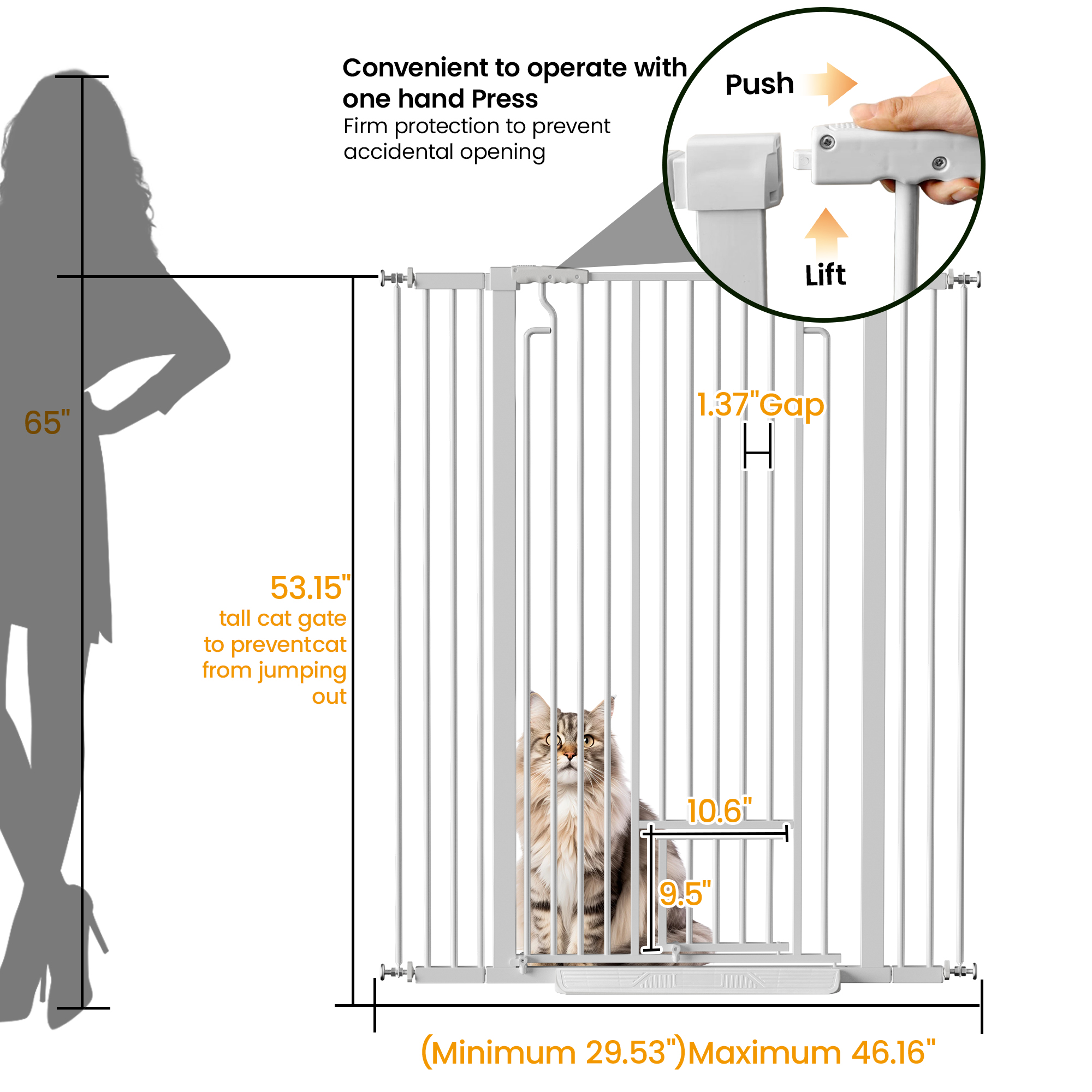 Reja Extra Alta para Gatos de 53.15" Ancho 29.53-40.16" con Puerta Pequeña para Gatos, Reja de Seguridad de Cierre Automático, Espaciado Estrecho de Barras de 1.37", Kit de Montaje a Presión sin Taladrar para Gatos y Perros, Blanco — imagen 4