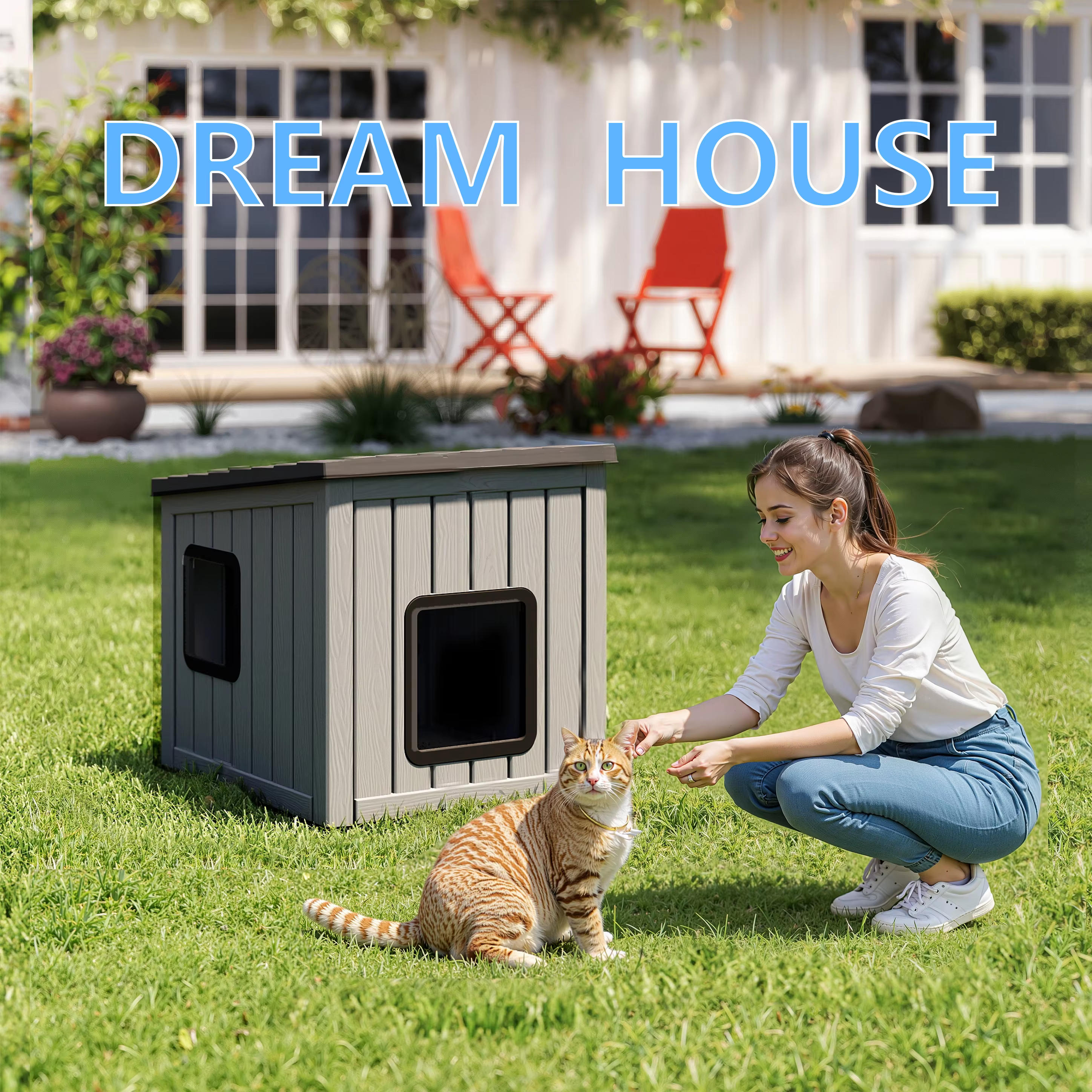 Cabaña de Plástico Resistente a la Lluvia para Gatos con Techo Inclinado, Refugio para Patio y Jardín Interior-Exterior — imagen 4