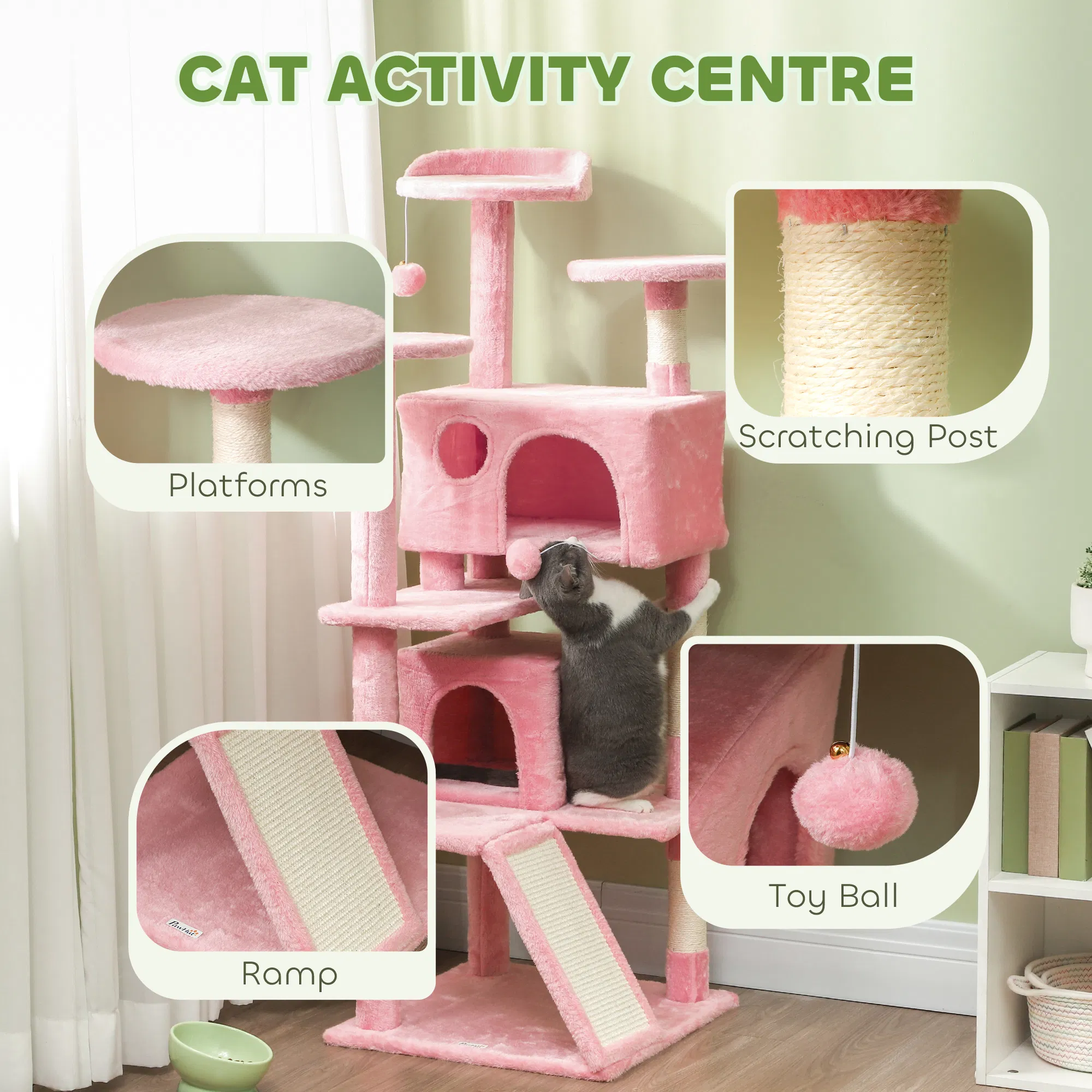 54" Cat Tree, Multi-Level Cat Tower with Scratching Posts, Cat Condos, Bed, Platforms, Ramp, Toy Ball, Pink — image 5