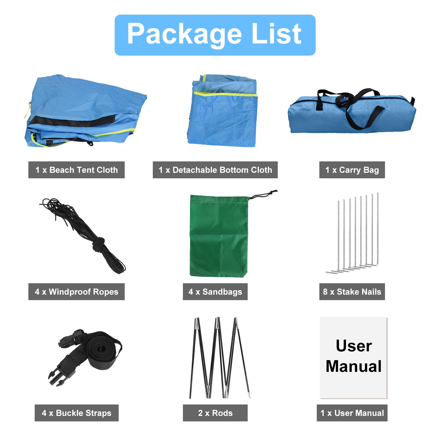Toldo de Playa para 4-6 Personas con 3 Aberturas de Puerta, Bolsa de Transporte, UPF50, Impermeable, para Playa, Picnic, Campamento, Senderismo, Aventura y Pesca — imagen 7