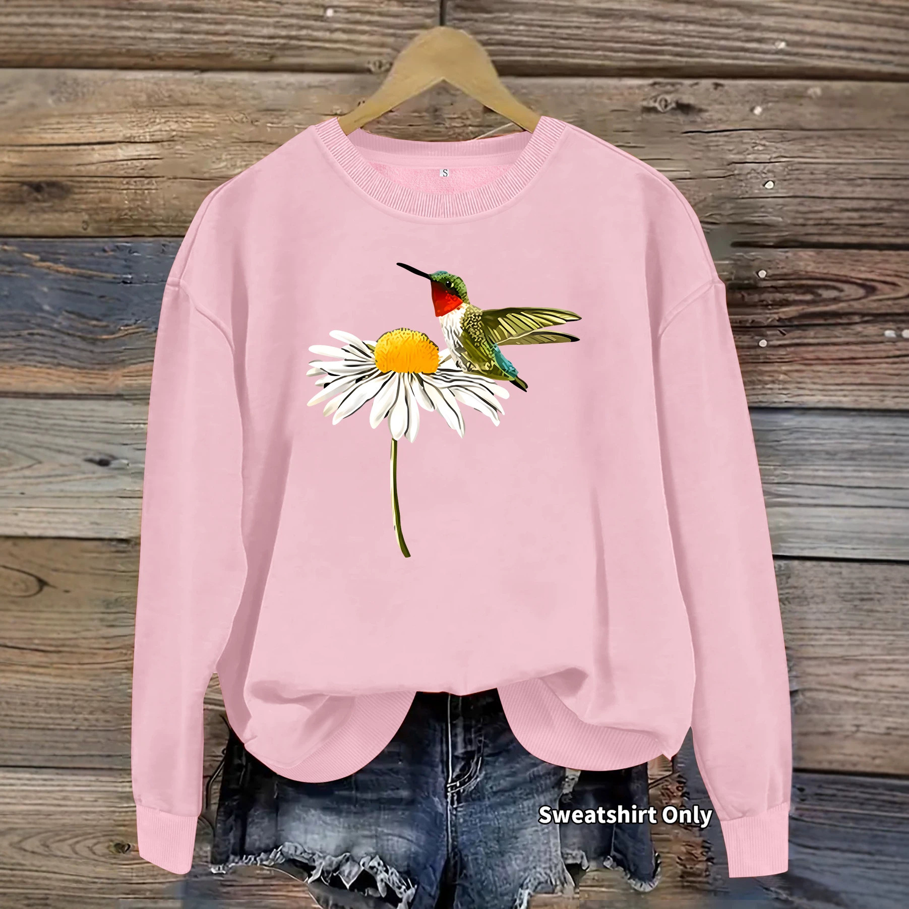 Daisy hummingbird print round neck fleece hoodie — image 5
