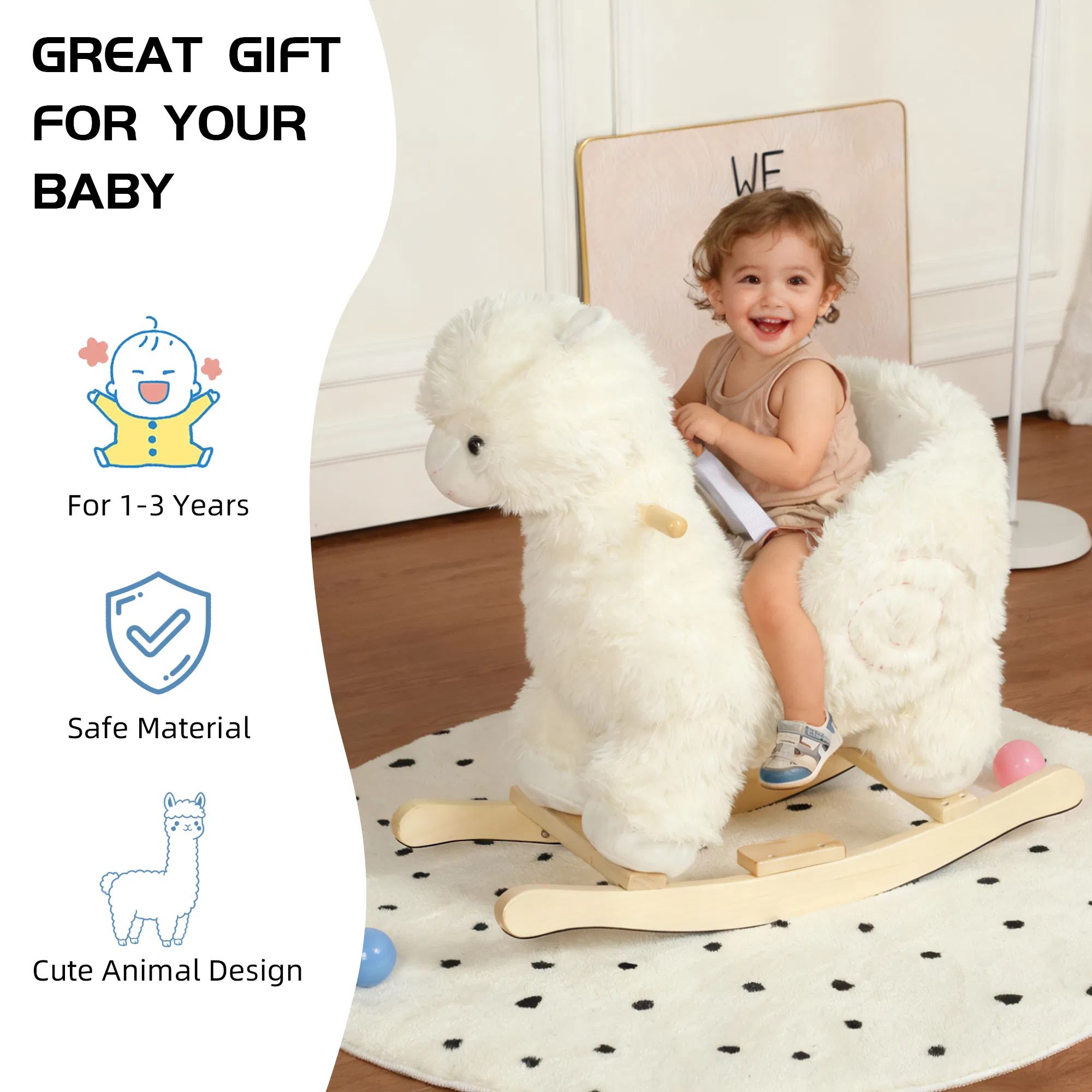 Kids Ride-On Rocking Horse Toy with Lullaby Song, Alpaca Rocking Toy with Hand Puppets and Safety Belt For Children 1-3 Years, Soft Plush Fabric, White — image 8