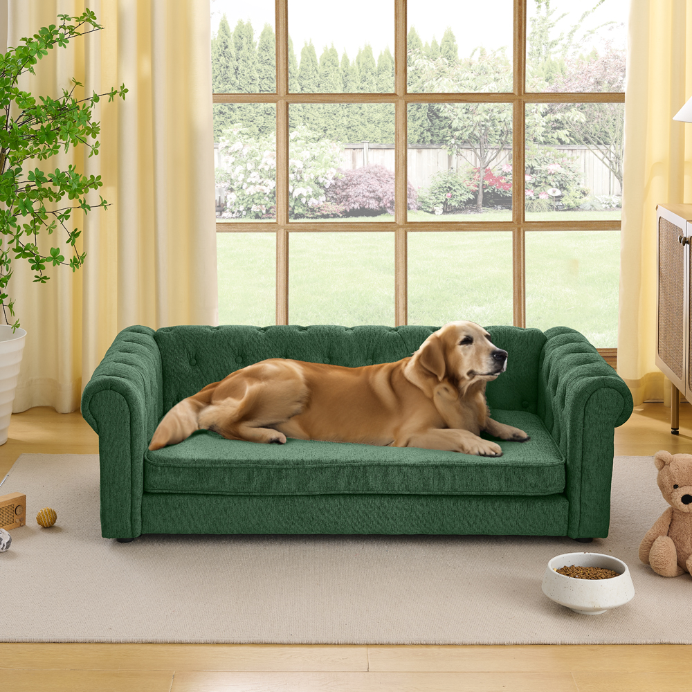 Sofá para Perros Grande y Oversized Rectangular: Camilla Durable Elevada con Muestras de Lino Moderno - OLIVE GREEN — imagen 3