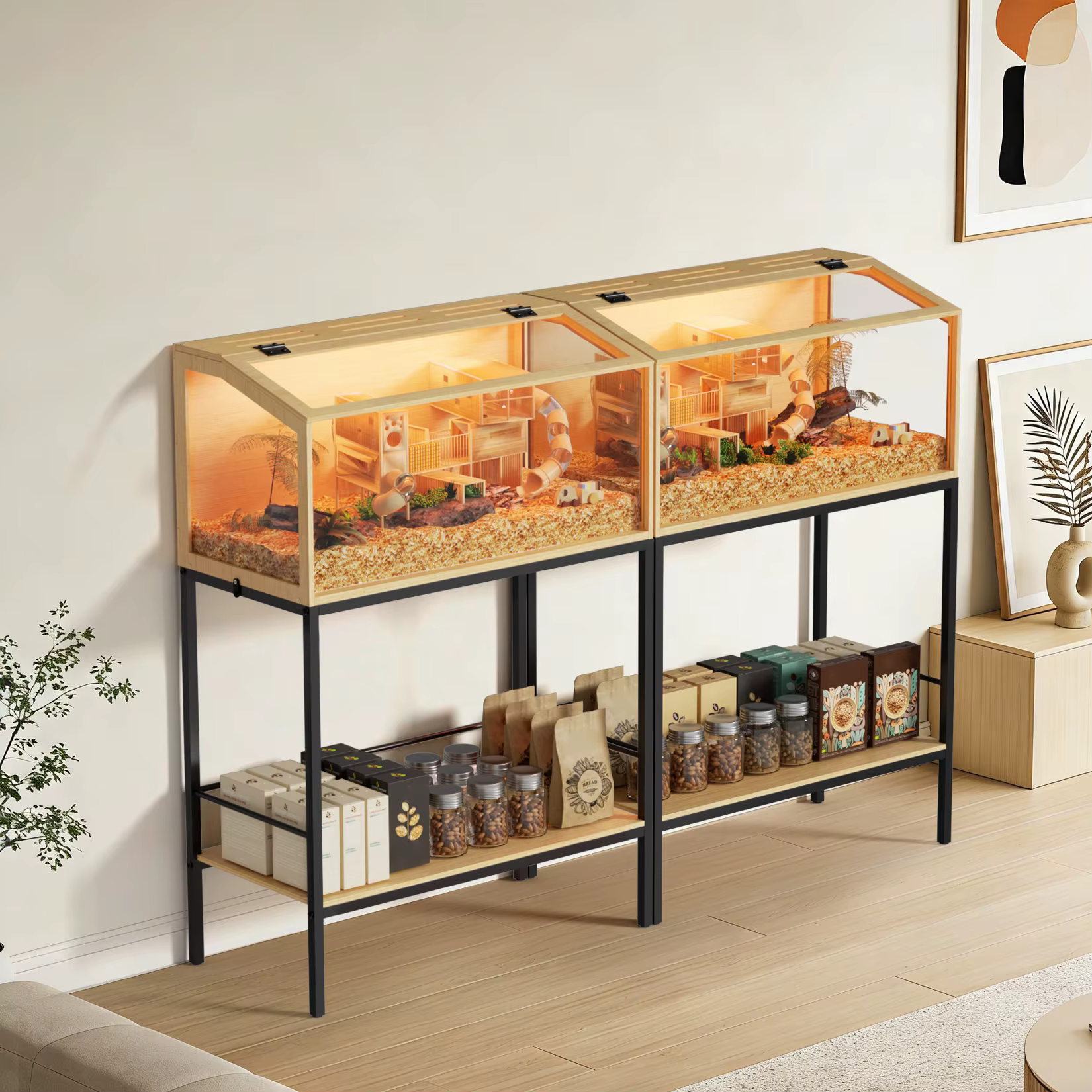 Large Wooden Hamster Cage Clear Tempered Glass Pet Small Animal Habitat Cage Playful Hutch House Built-in LED Light — image 5