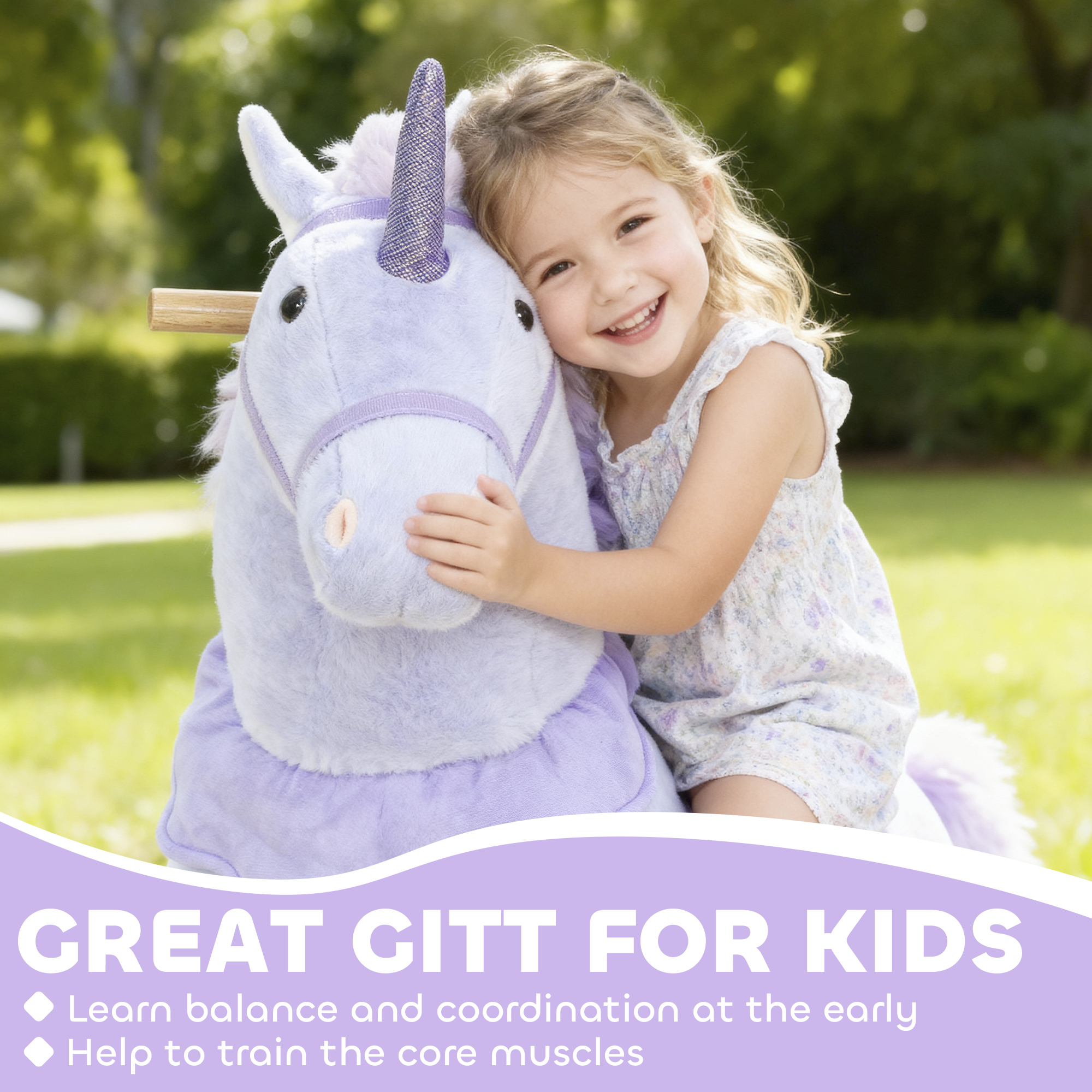 Ride on Unicorn Toy for Kids 4-7 Years, 37.8 Inch Plush Baby Rocking Horse with Wheels, No Battery Required, Purple — image 3