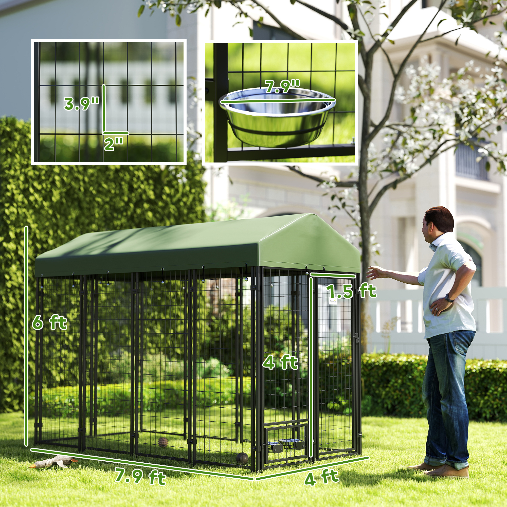 Outdoor Dog Kennel with Rotating Bowl Holders, Pet Playpen with Waterproof Cover, 8 x 4 x 6, Green — imagen 6