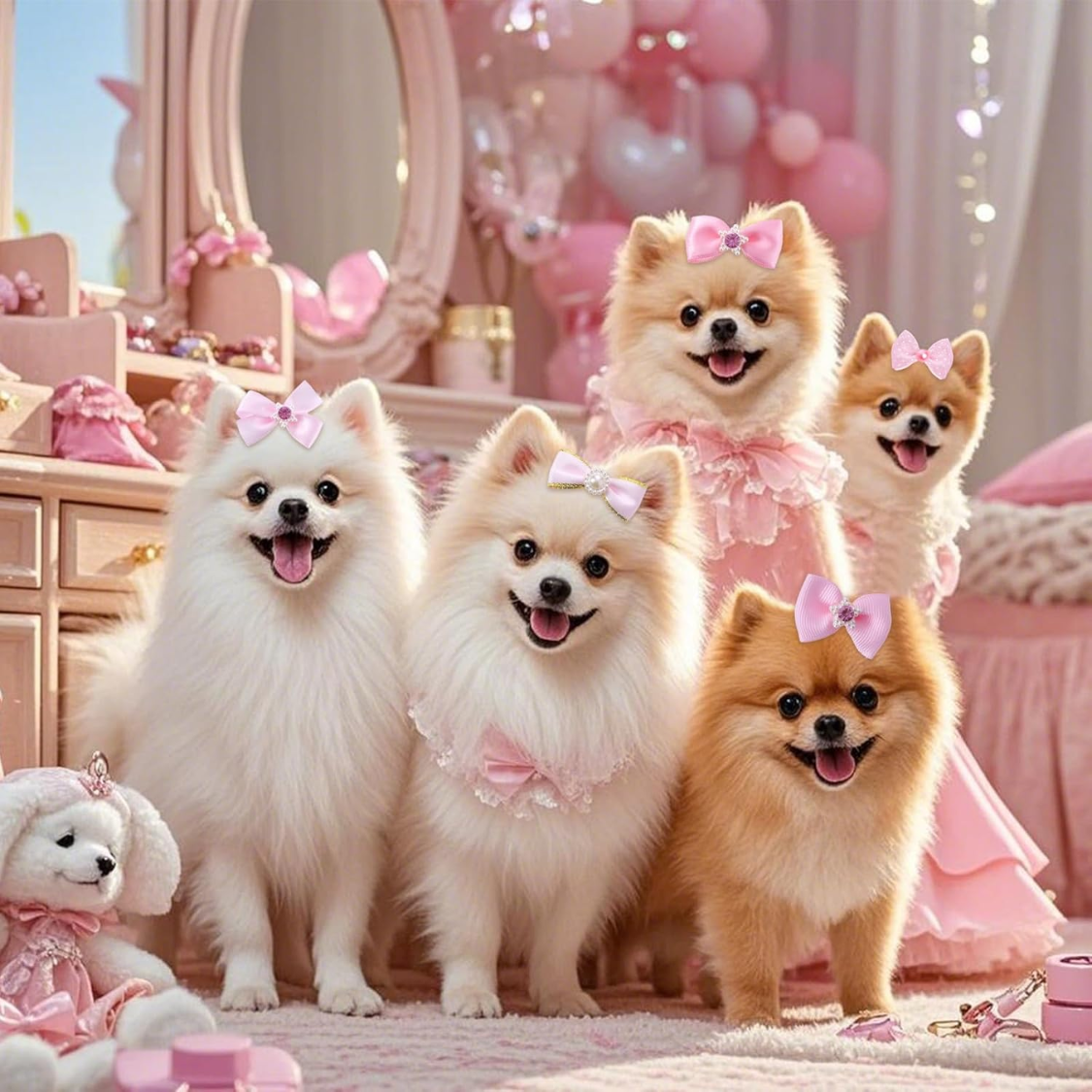 20 Piezas de Lindos Moños para Perro con Ligas Elásticas, Hechos a Mano, Estilos Variados con Encaje, Diamantes de Imitación y Perlas, para Cachorros, Gatos y Mascotas Peludas — imagen 6
