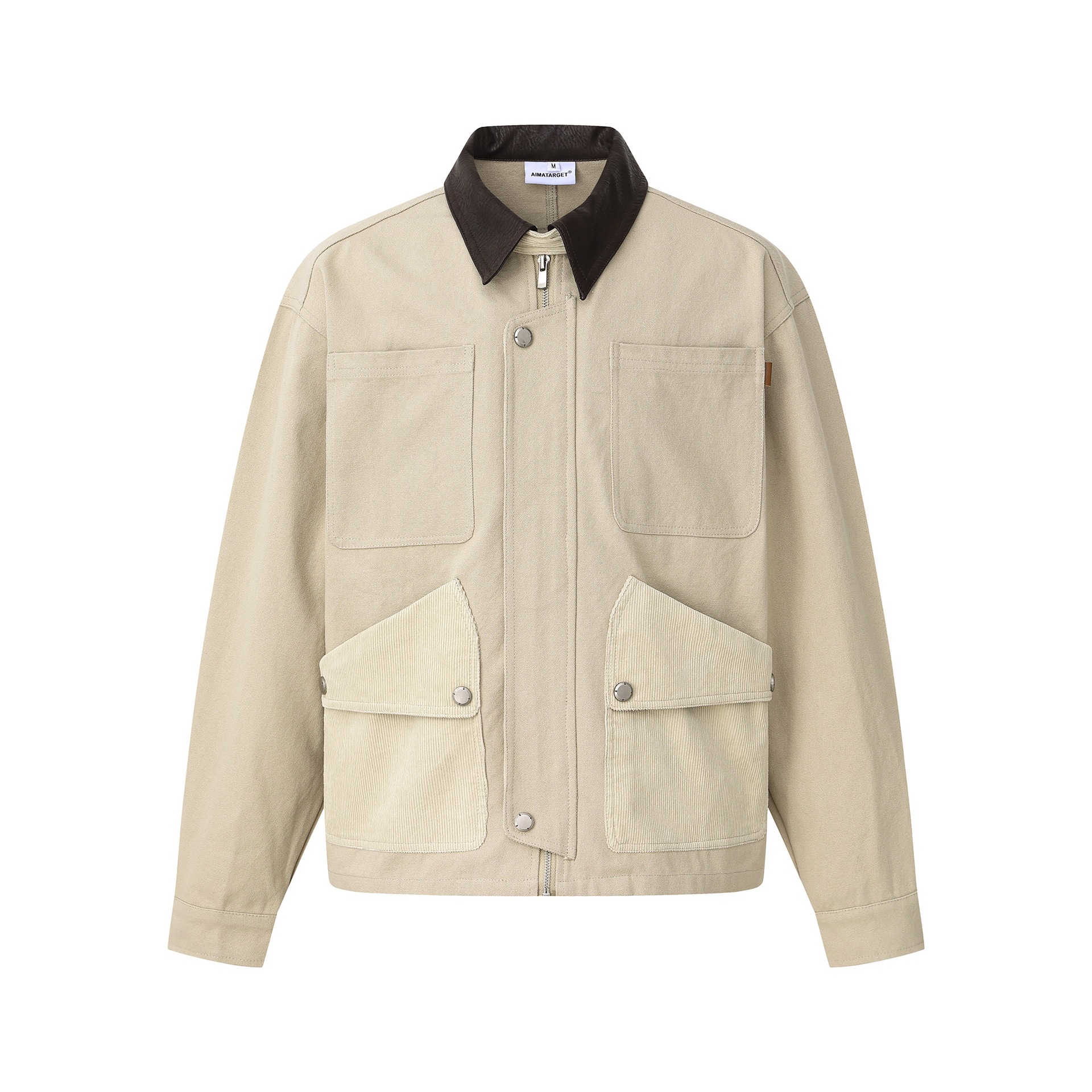 Color-blocked Lapel Zip-up Jacket Barn Style Multi-pocket Coat — image 1