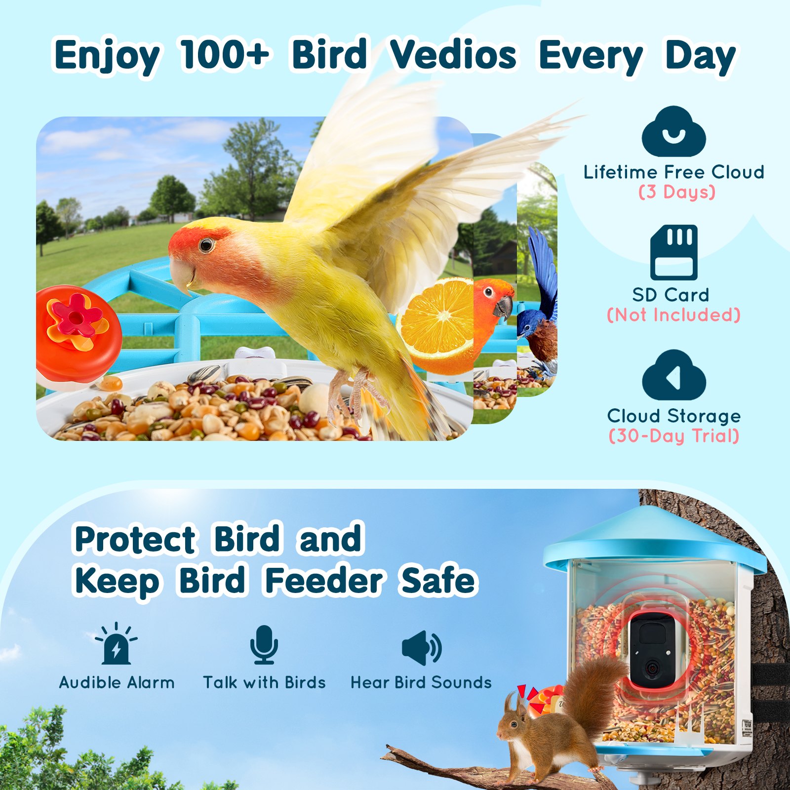 VEVOR Smart Bird Feeder With Camera 2K HD AI Identify Bird Species Auto Capture — imagen 5