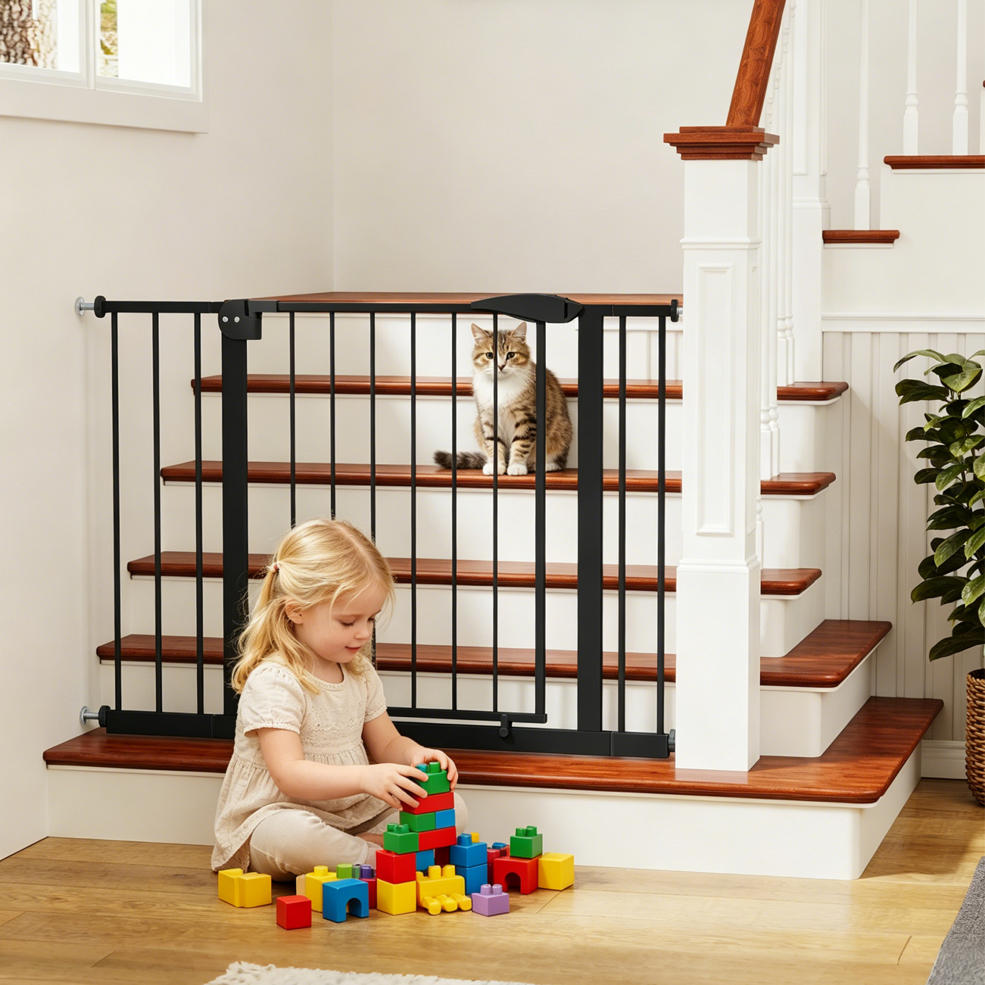 29.5-44.1 Wide Baby Gate For Stairs, Dog Gate Indoor For Doorways, No Drilling Pressure Mounted Pet Gates For Kids, Easy Walk Through Safety Gate, Black — imagen 5