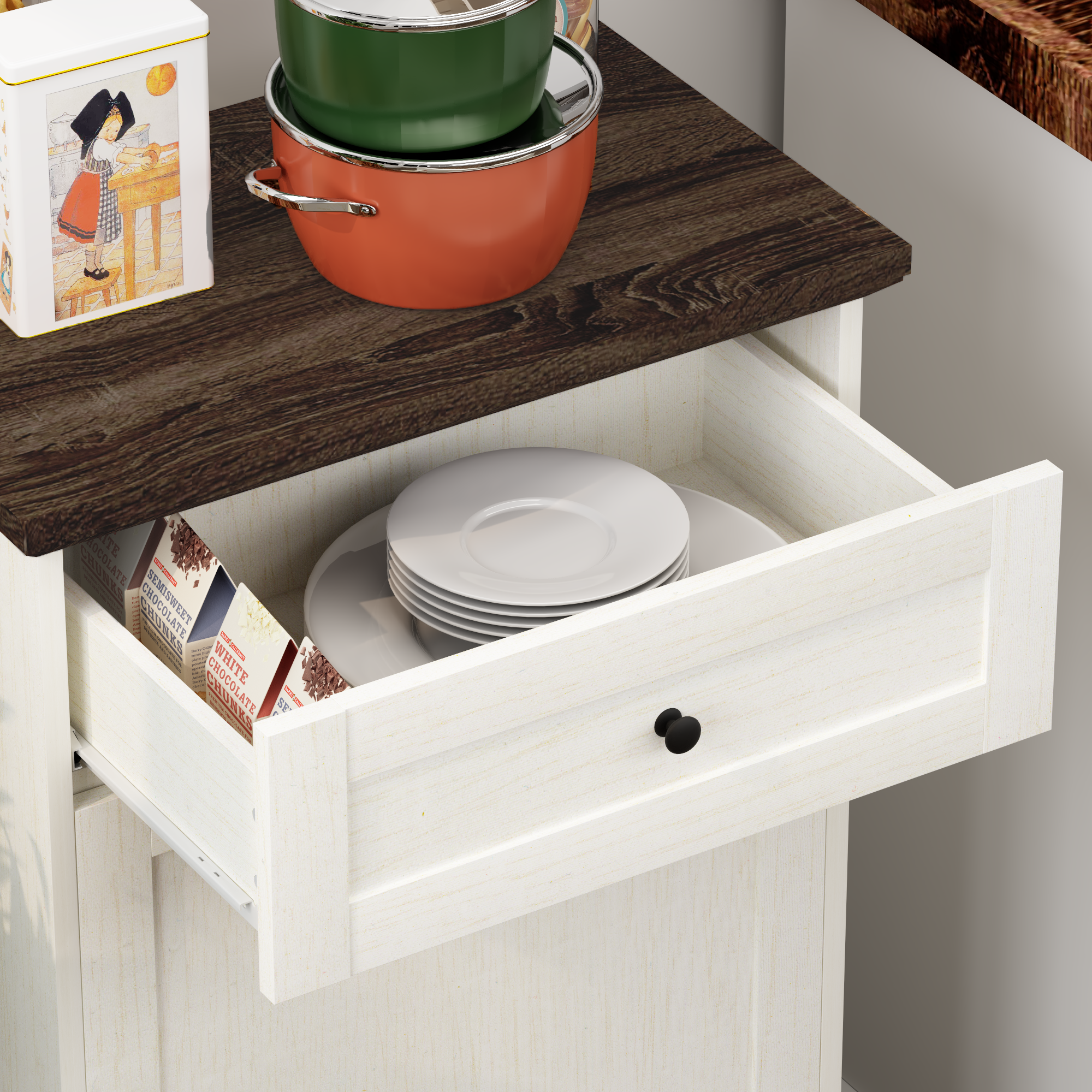 Mueble Basculante para Basurero de 10 Galones, Mueble Independiente para Bote de Basura, Mueble de Madera para Basura y Reciclaje con Cajón, a Prueba de Mascotas, para Cocina y Sala de Estar, Blanco Antiguo (No Incluye el Bote de Basura) — imagen 23