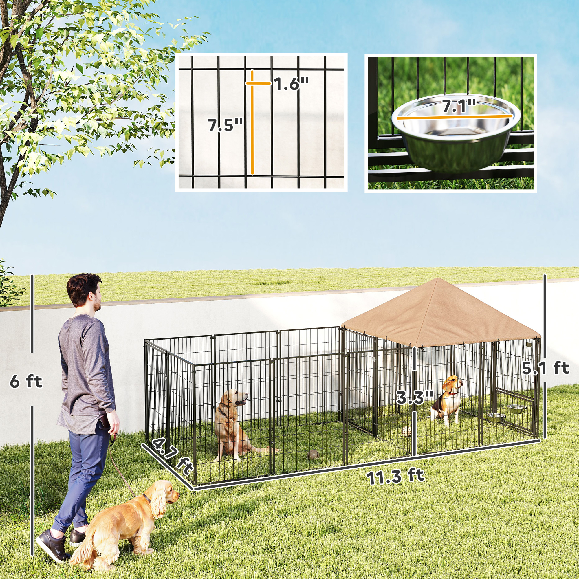 Large Outdoor Dog Kennel With Rotating & Adjustable Height Bowls, Waterproof & UV-Resistant Canopy, 11.3 X 4.7 X 5.1 — image 1