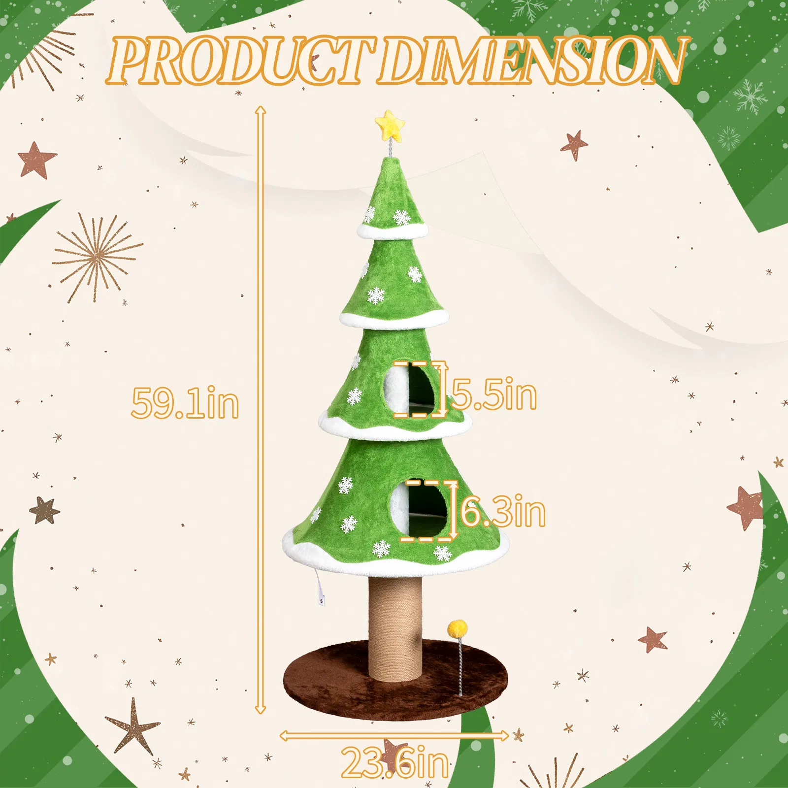 Large Tall Christmas Tree Cat Tower with 2 Cat Condos & Scratching Post, Soft Fleece Cat Tree with Teaser Toy & Sturdy Base & Built-in Openings for Indoor Cats, Green & White — image 12