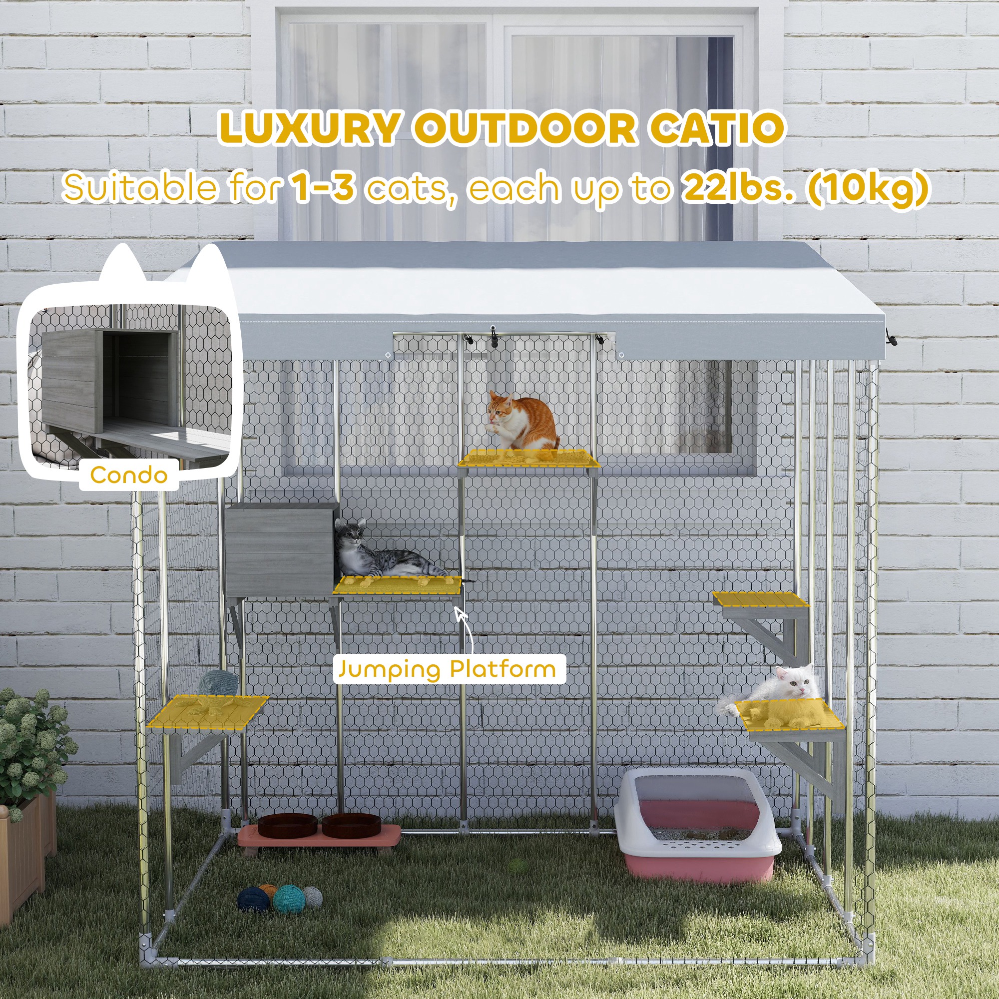 Catio Grande de Acero Galvanizado de 79" con Tejado Impermeable, Box de Descanso y Plataformas para Saltar, para 1-3 Gatos, Plateado — imagen 5