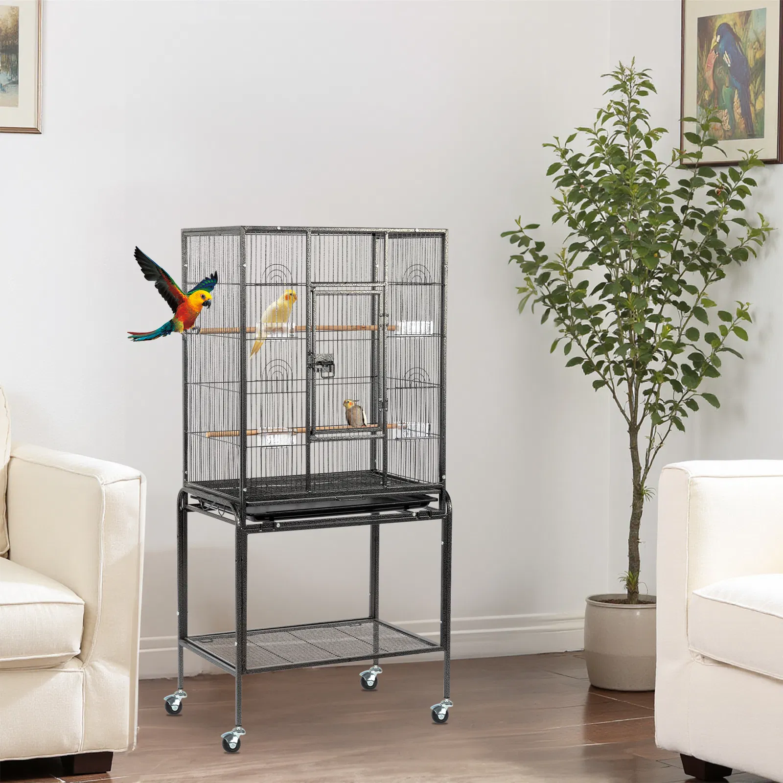 53" Large Flight Bird Cage with Rolling Stand & Storage Shelf for Parrots Lovebird Cockatiel Parakeets, Black — image 10