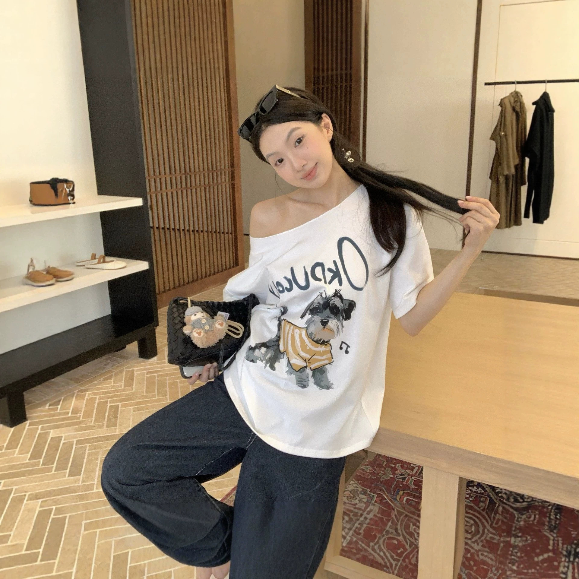 Cute Dog Print Asymmetrical Shoulder Short Sleeve T-Shirt — image 6