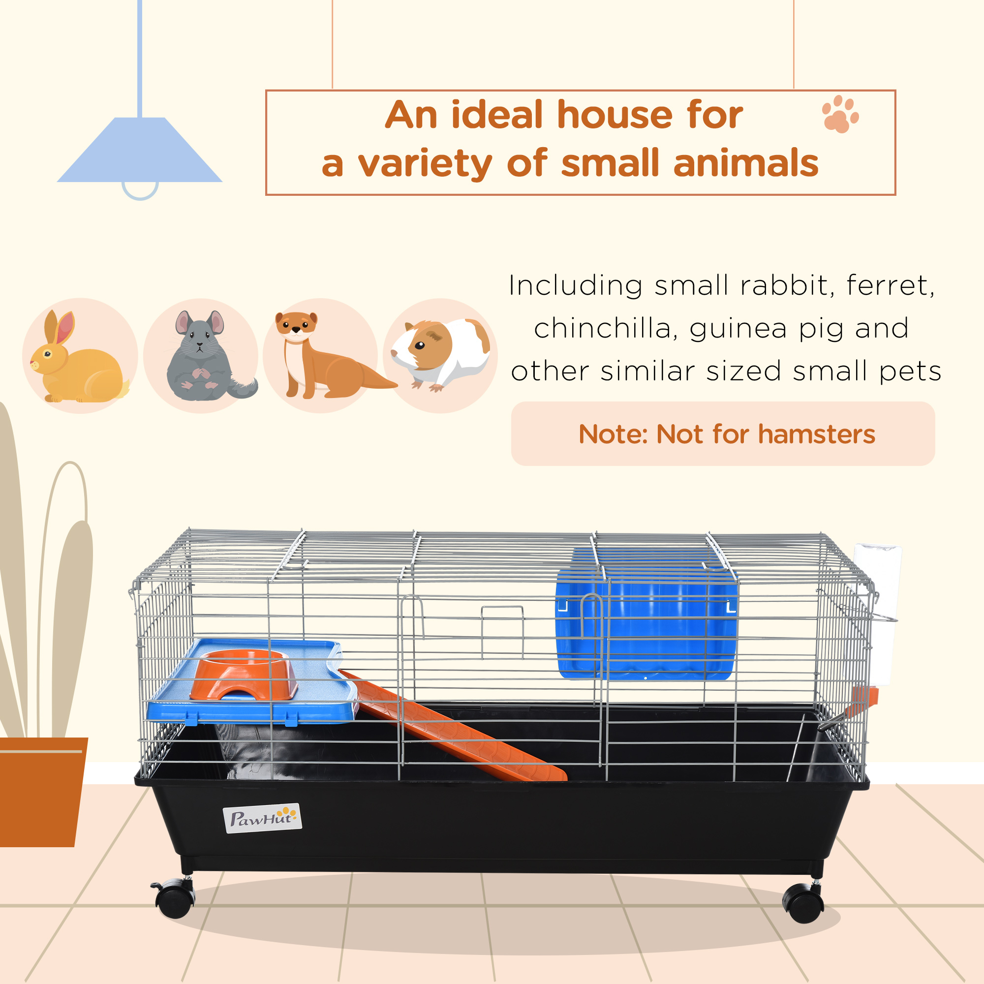 Jaula Grande para Animales Pequeños con Plato de Comida, Botella de Agua, Comedero de Heno, Plataforma y Rampa para Chinchilla, Negro — imagen 6