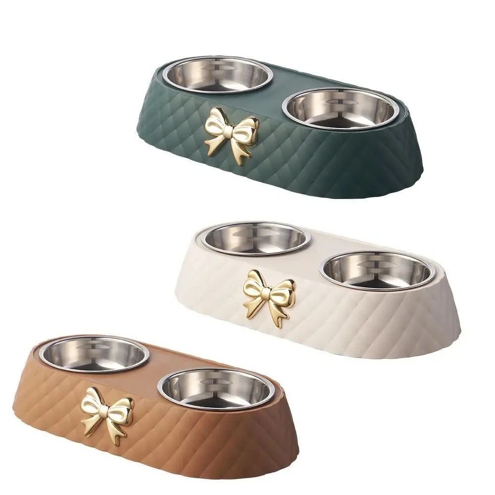 Pet Supplies Bow-tie Bowknot Cats Food Bowl PP Base Dog Bowl Stainless Steel Double Pet Accessories Feeding Drinking Double Bowl — image 5