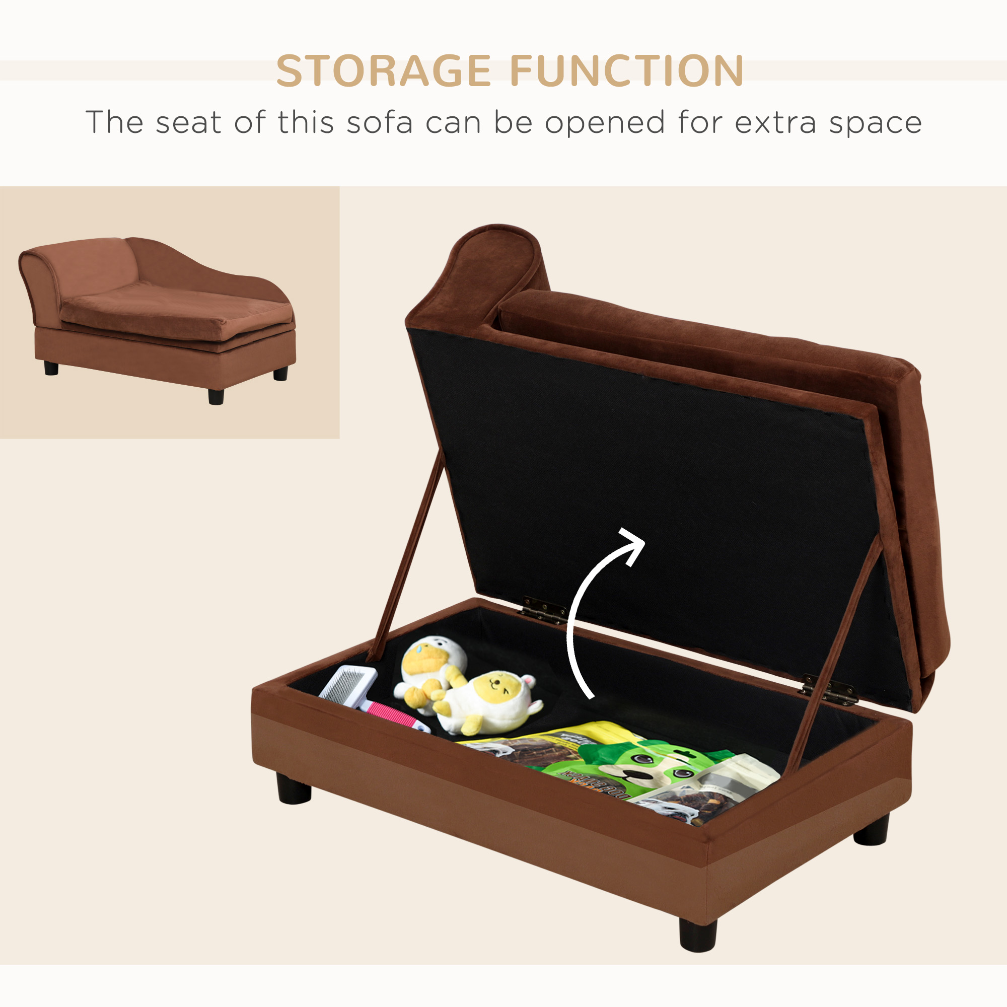 Pet Sofa Bed Couch with Storage, Pet Sofa for Cats and Small Dogs, Brown — image 7