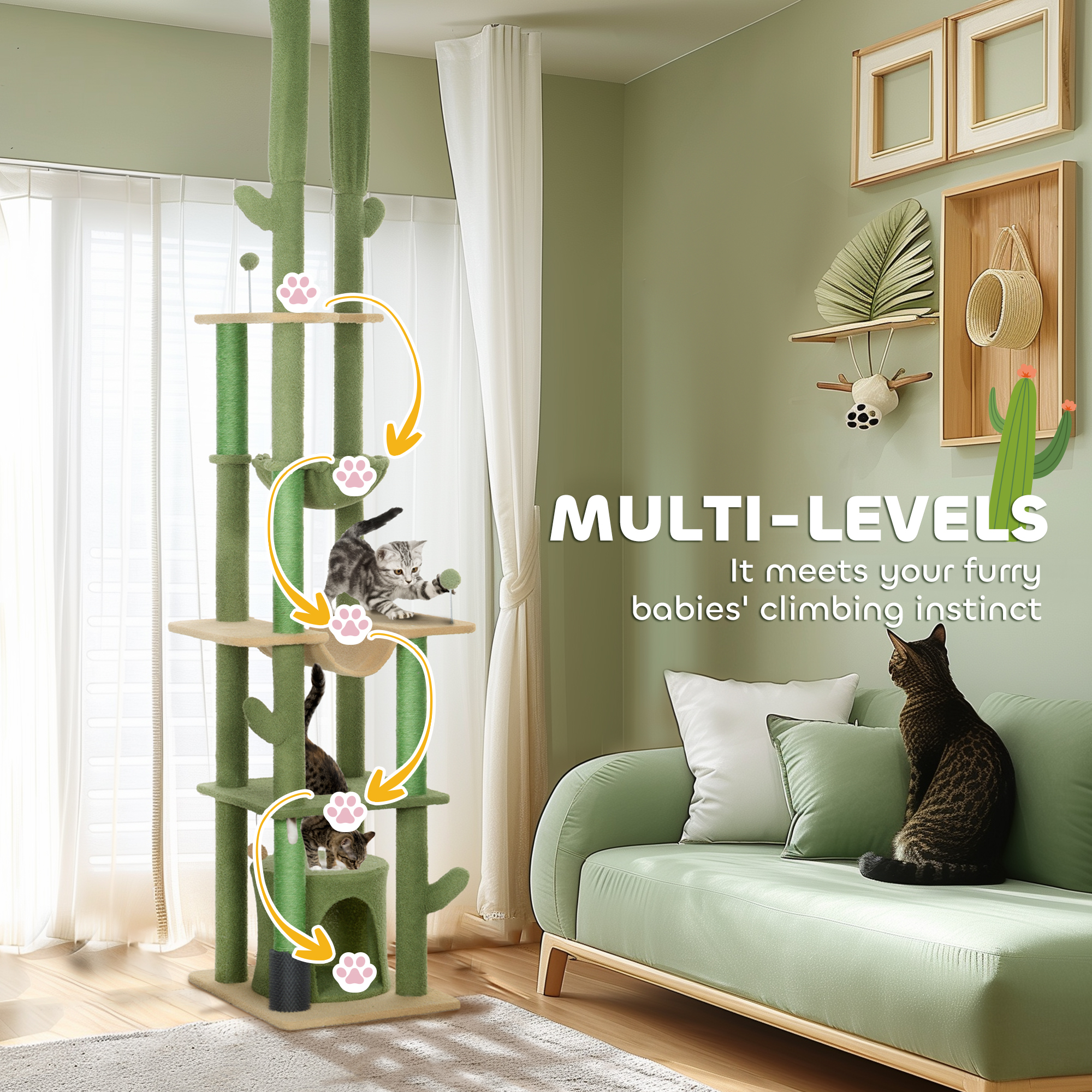Rascador para Gatos del Piso al Techo 89"-100", Torre para Gatos con Poste con Cepillo de Aseo, Casita y Hamaca, Verde — imagen 8