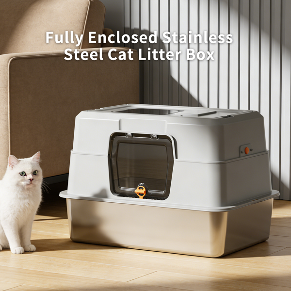 Grey Stainless Steel Fully Enclosed Cat Litter Box, Durable Enclosed Cat Litter Box, High Side To Prevent Scattering — image 1
