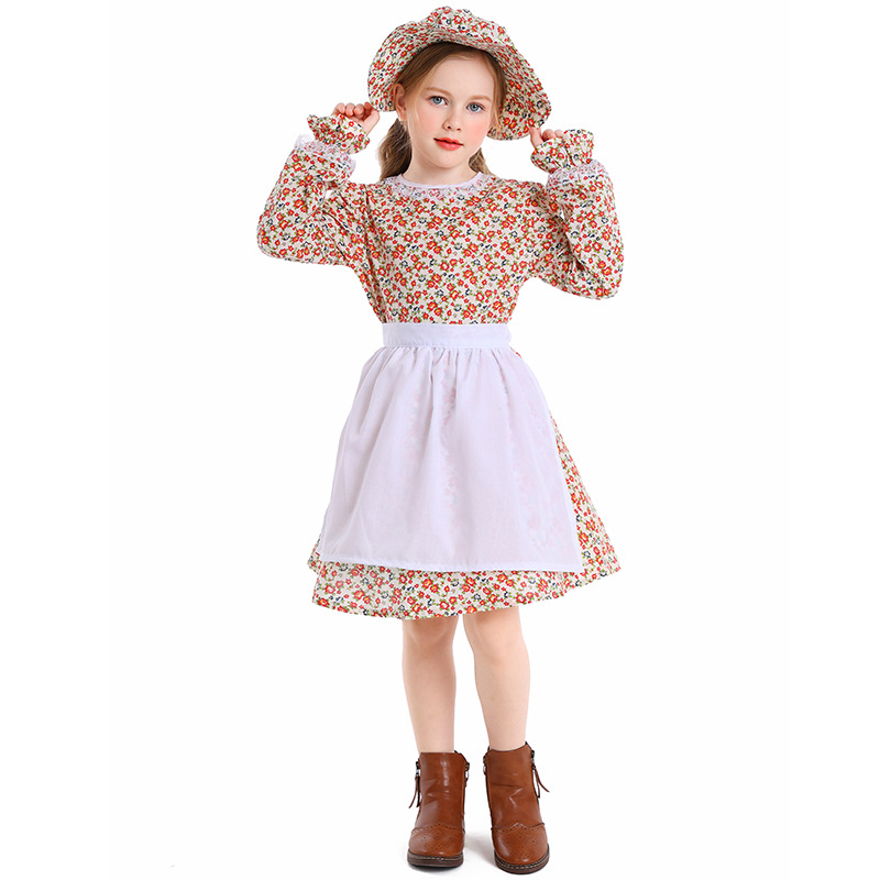 Children's Floral Maid Dress Vintage Farm Girl Stage Performance Costume Halloween Cosplay Outfit — image 1