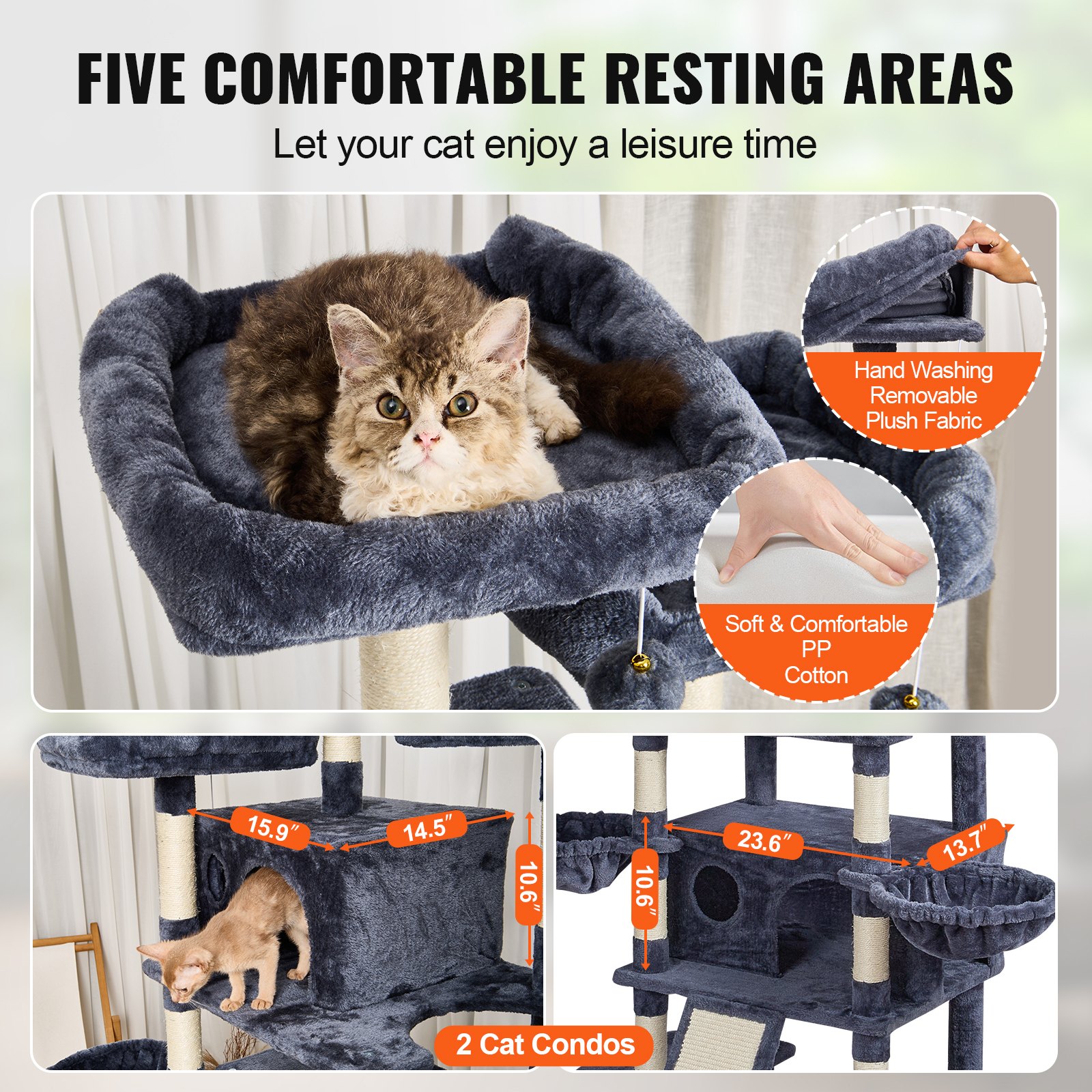 Árbol para Gatos de Interior, 68,5" Torre para Gatos con 2 Condos, Palo de Escarificar de Sisal, Hamacas, Perchas Superiores y Plataformas de Salto, Centro de Actividad para Gatos con Pelotas Colgantes, Gris Oscuro — imagen 2