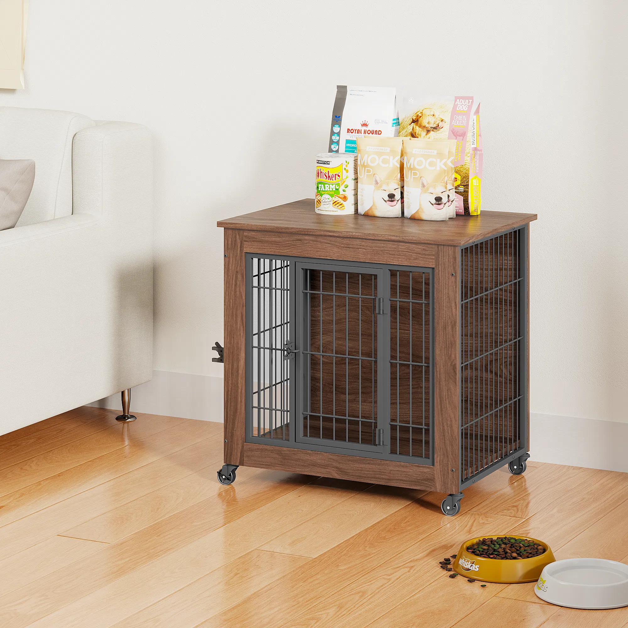 27.2" Dog Crate Furniture with Wheels for Small Dogs, Heavy Duty Dog Kennel Indoor with 2 Doors, Wooden Pet Cage End Table, Double-Doors Sturdy Metal Dog Cage for Anxiety Dog — image 16