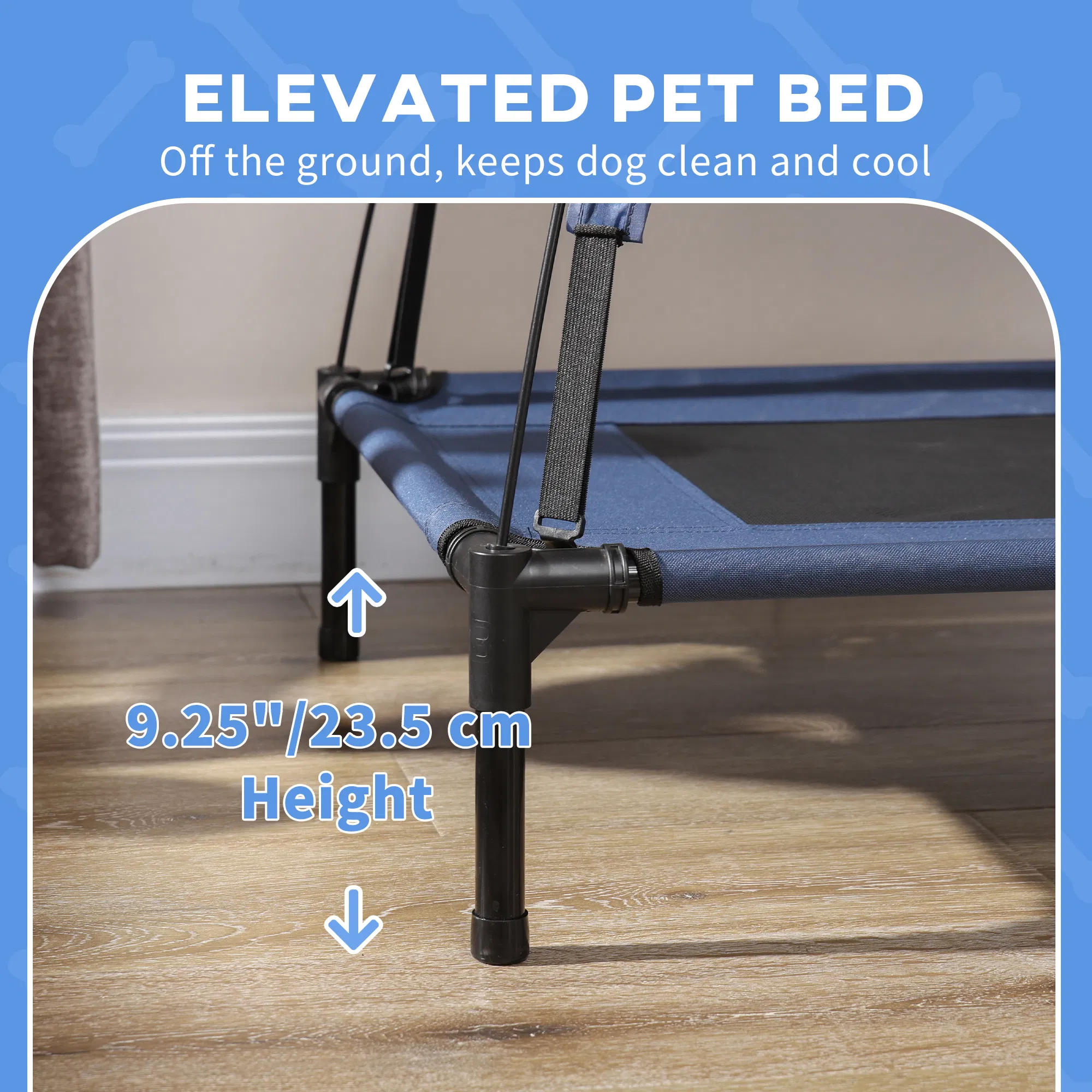 Elevated Cooling Pet Bed Portable Raised Dog Cot with Canopy for XL Sized Dogs, Dark Blue — image 6