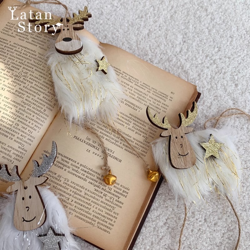 Creative Reindeer Ornament for Christmas Decoration, Plush Wooden Reindeer Craft Hanging Decor — image 5