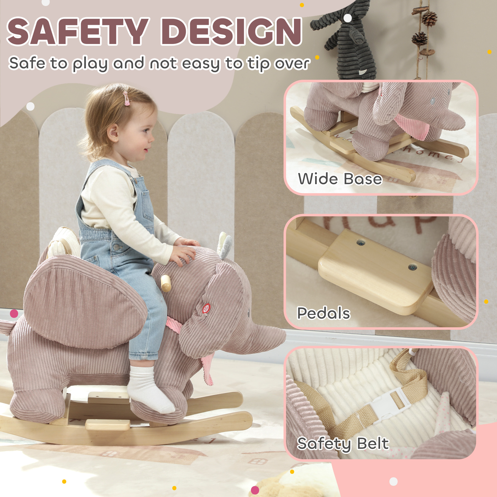 Caballo de Roca para Bebés con Asiento, Juguetes para Niños que Simulan Sonido de Elefante y Cinturón de Seguridad para Edad entre 18 y 36 Meses, Rosa — imagen 4