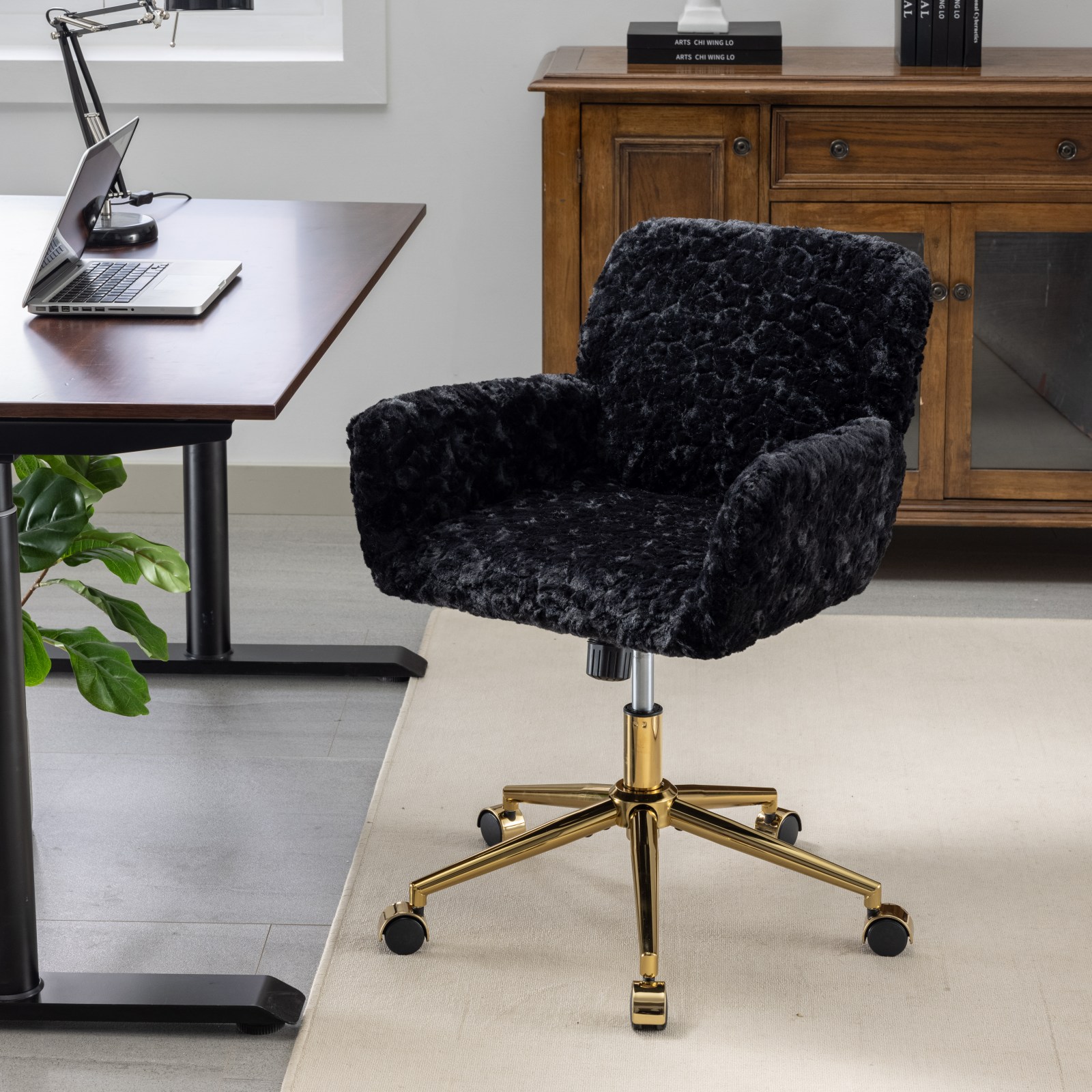 A & A Furniture Office Chair, Artificial Rabbit Hair Home Office Chair With Golden Metal Base, Adjustable Desk Chair Swivel Office Chair, Vanity Chair Black — image 1
