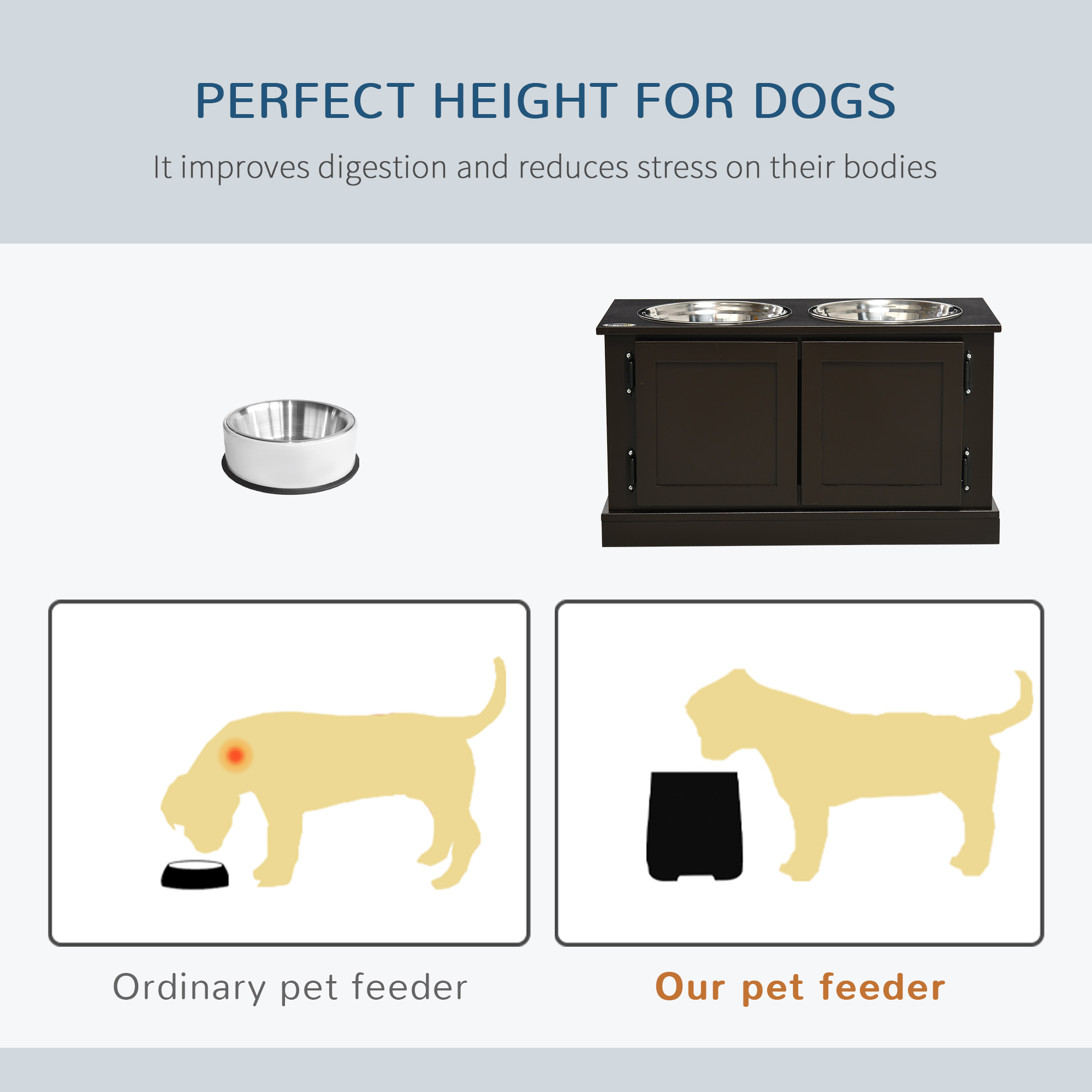 Comedor Elevado para Perros con Almacenamiento, Dos Tazas de Acero Inoxidable para Perros Grandes, Café — imagen 6