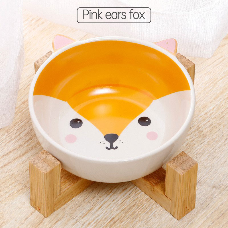 Double Ear Cartoon Ceramic Pet Bowl Bamboo Wooden Frame Matching Neck Bowl Dog Bowl Ceramic Cat Bowl — image 4