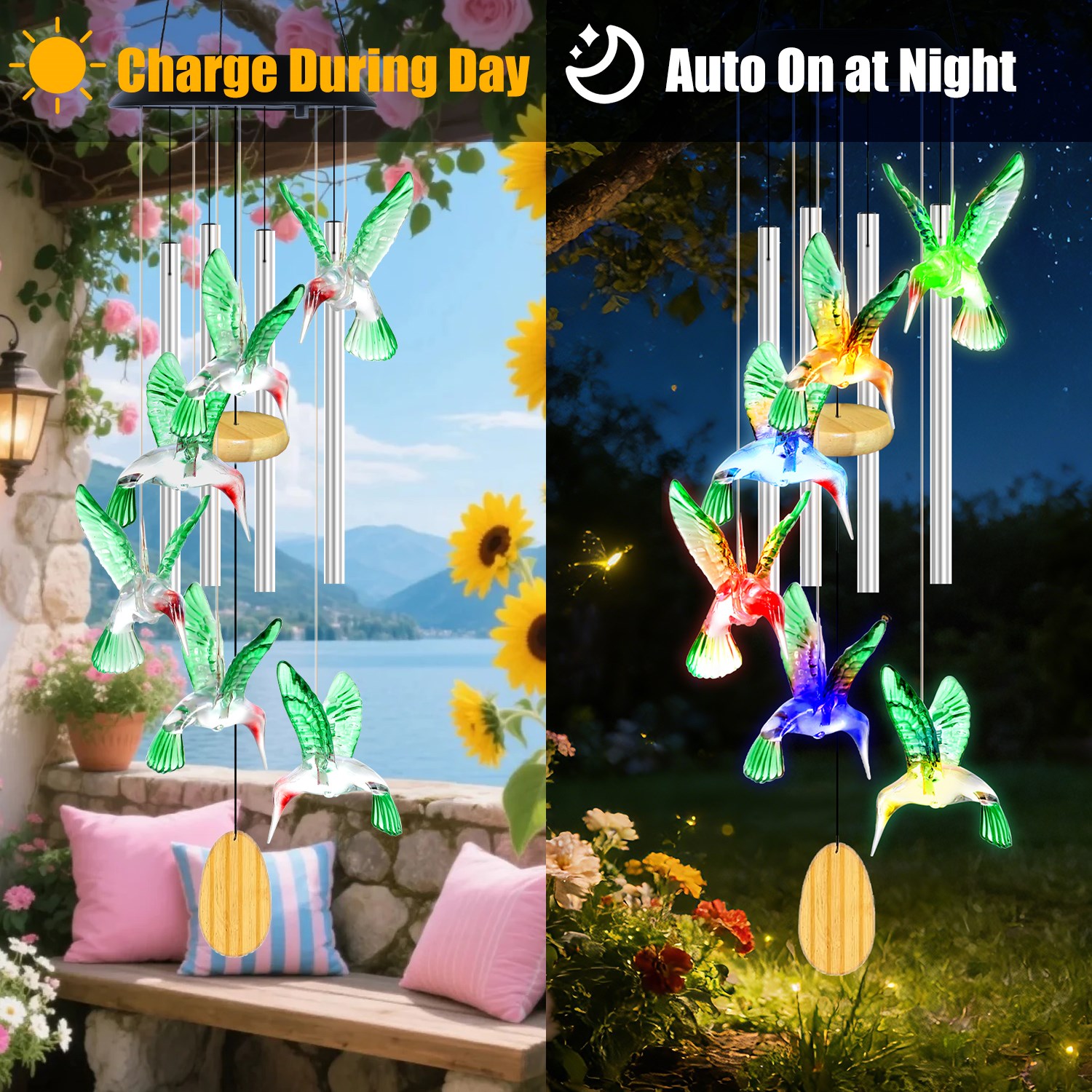 Solar Hummingbird Wind Chime With Aluminum Tubes 7 Color Changing Wind Chime For Outside IPX4 Waterproof Outdoor Garden Yard Decor — image 6