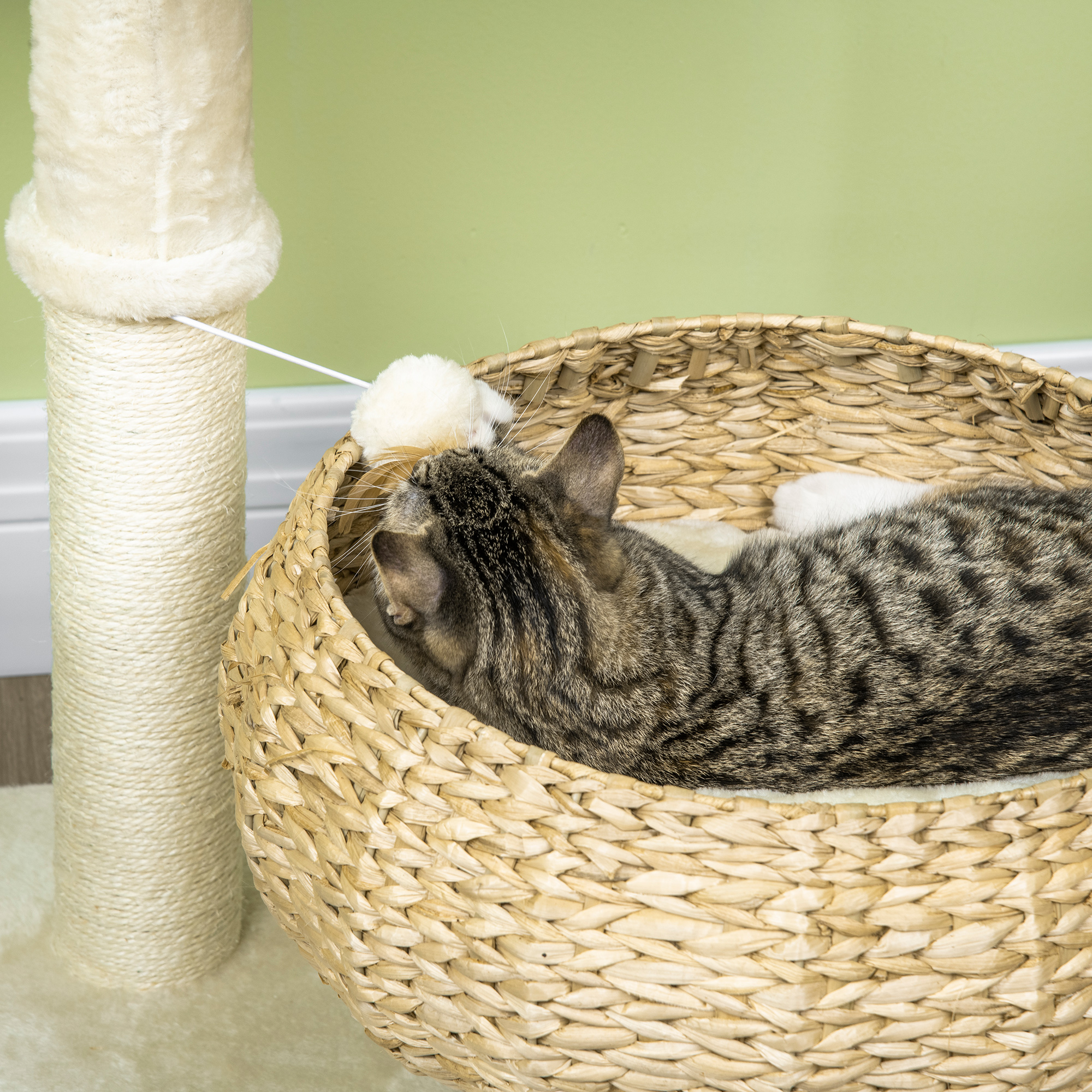 28" Elevated Cat Bed with Sisal Scratching Post for Indoor Kitties, Modern Cat Tree with Cute Basket Design, Small Cat Tree with Fun Ball Toy — image 4