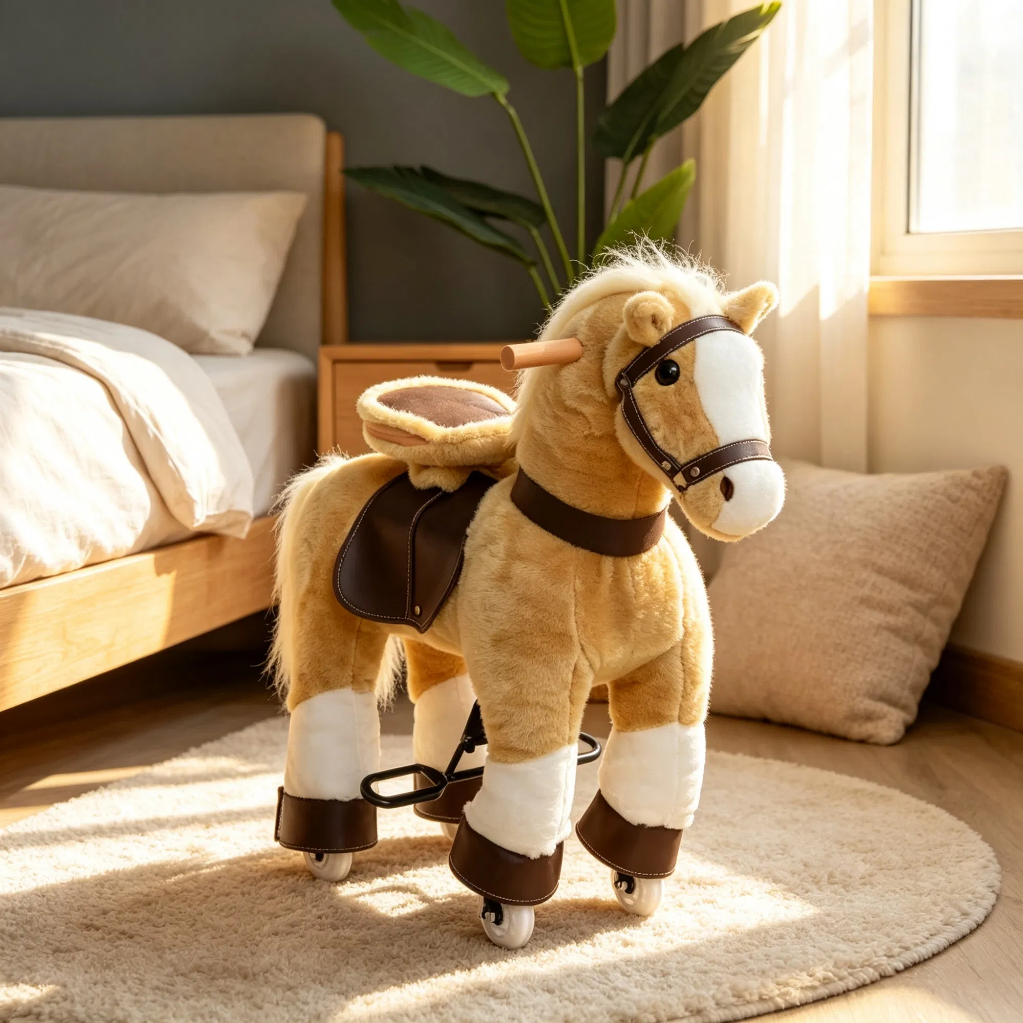 Light Brown Plush Walking Horse Ride-On Toy: Sturdy Wheeled Kids Riding Chair for 3-8 Years Old — imagen 5
