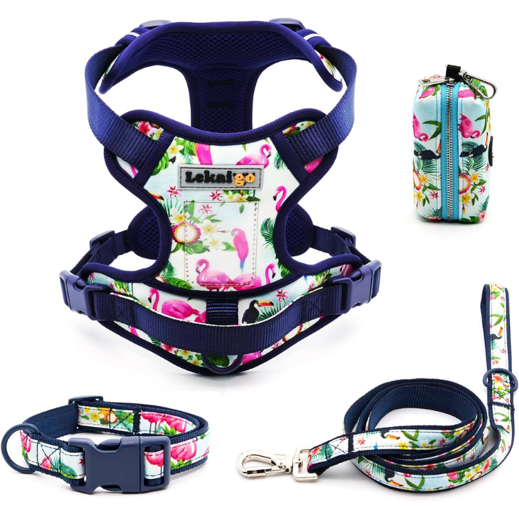 Dog Harness Collar 5ft Leash Poop Bag Holder Set, Reflective Adjustable No-Pull Dog Vest Harness With Safety Lock Easy Control Handle, For Small Medium Large Dogs 4pcs-M-Navy — image 1
