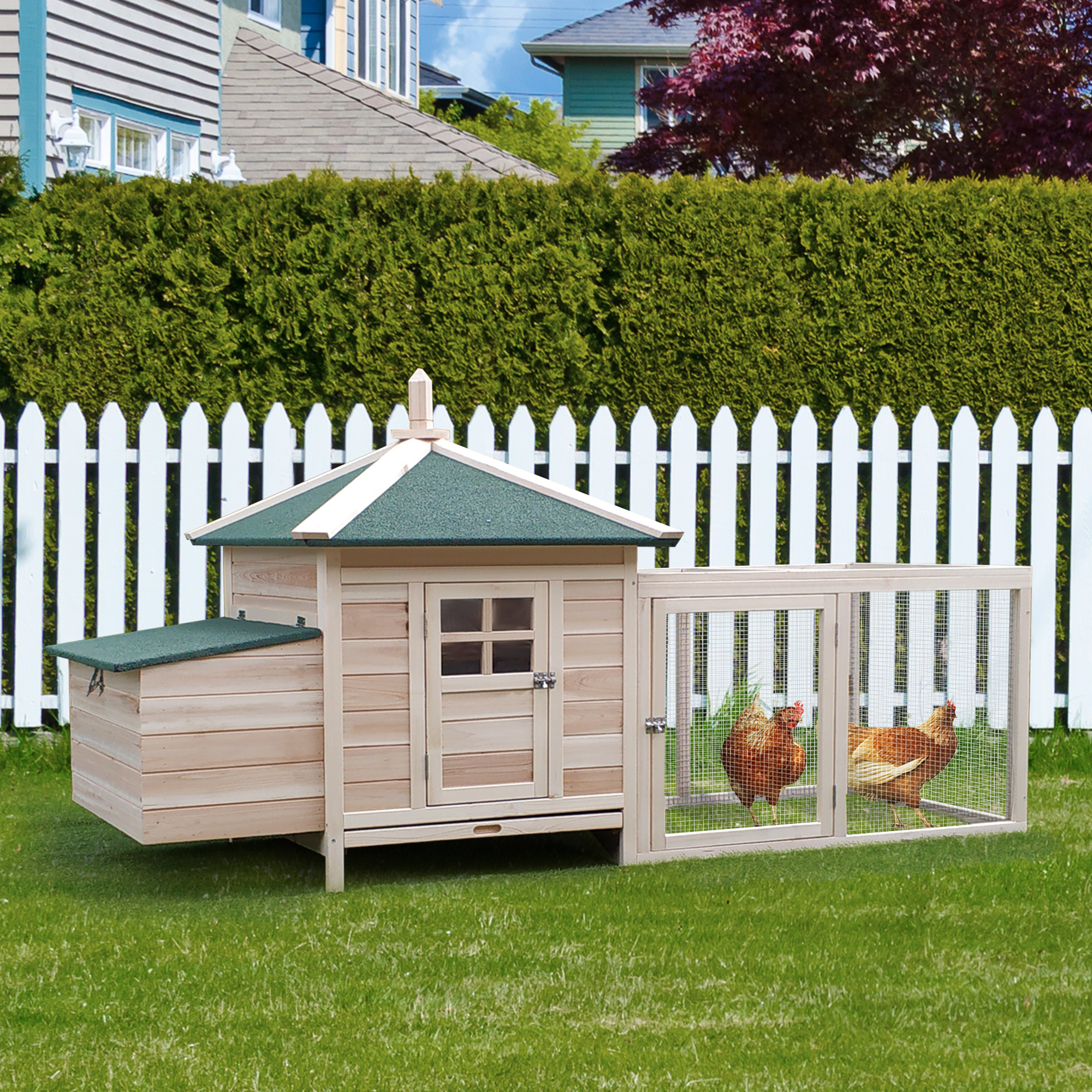 77" Wooden Chicken Coop with Nesting Box, Cute Outdoor Hen House with Removable Tray, Ramp Run, for Garden Backyard, Natural — imagen 4