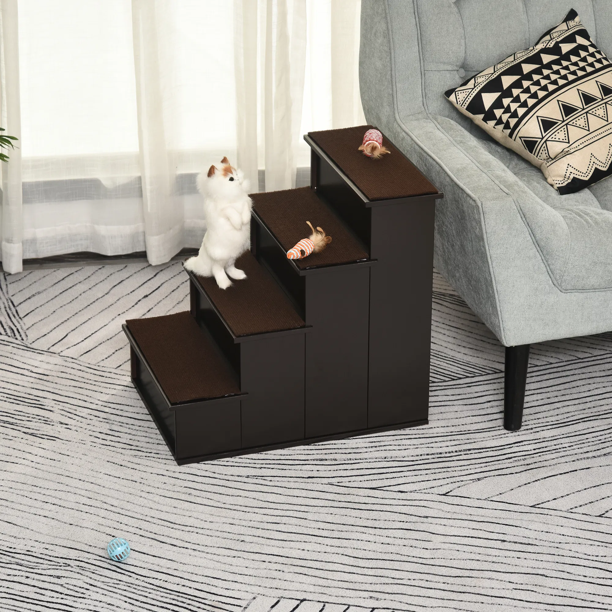 4 Levels Wooden Dog Steps Pet Stairs for High Bed, Cat Ladder for Bed Couch with Non-Slip Carpet, Dark Coffee — image 5