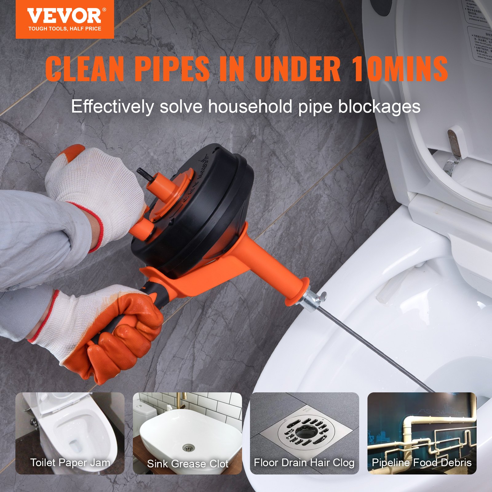 Drain Auger 25Ft, Plumbing Snake With Drill Attachment, Plumbers Snake Drain Clog Remover For Kitchen Bathroom Shower Sink With Protective Hose And Gloves — image 7