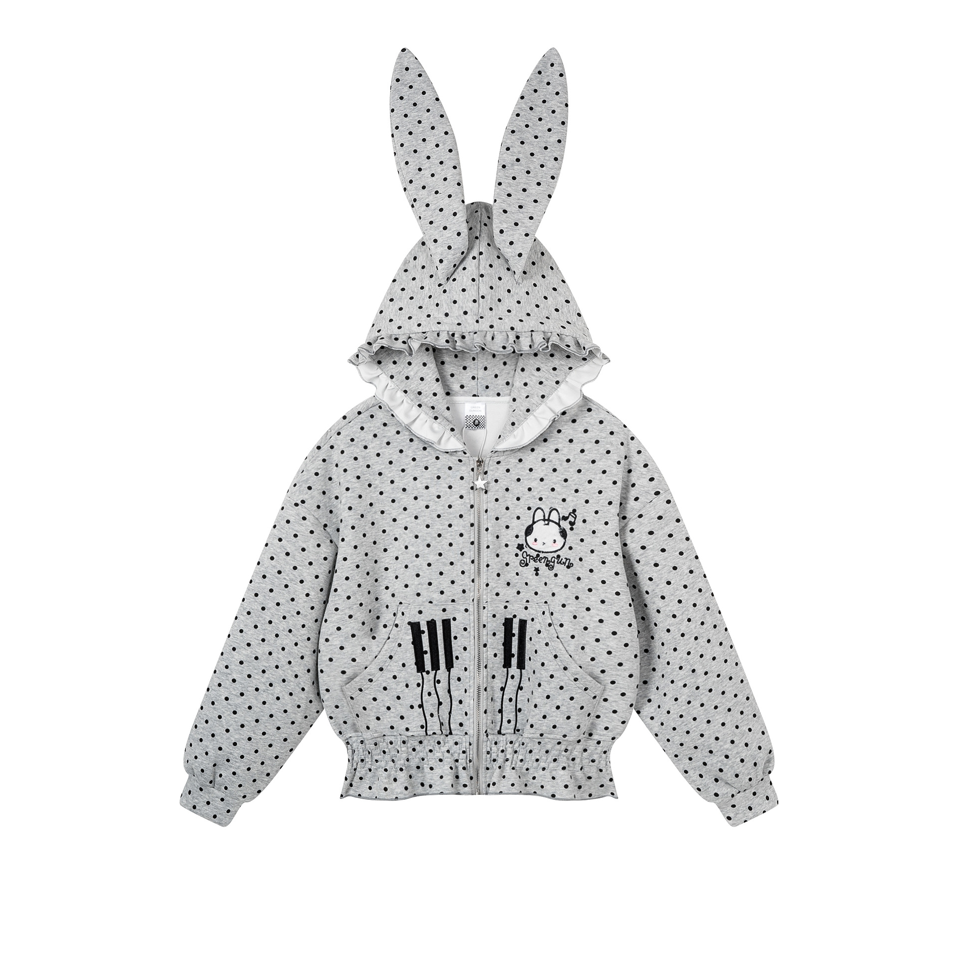 Polka Dot Rabbit Ear Hooded Crop Cardigan with Ruffle Waist and Cute Embroidery — image 3
